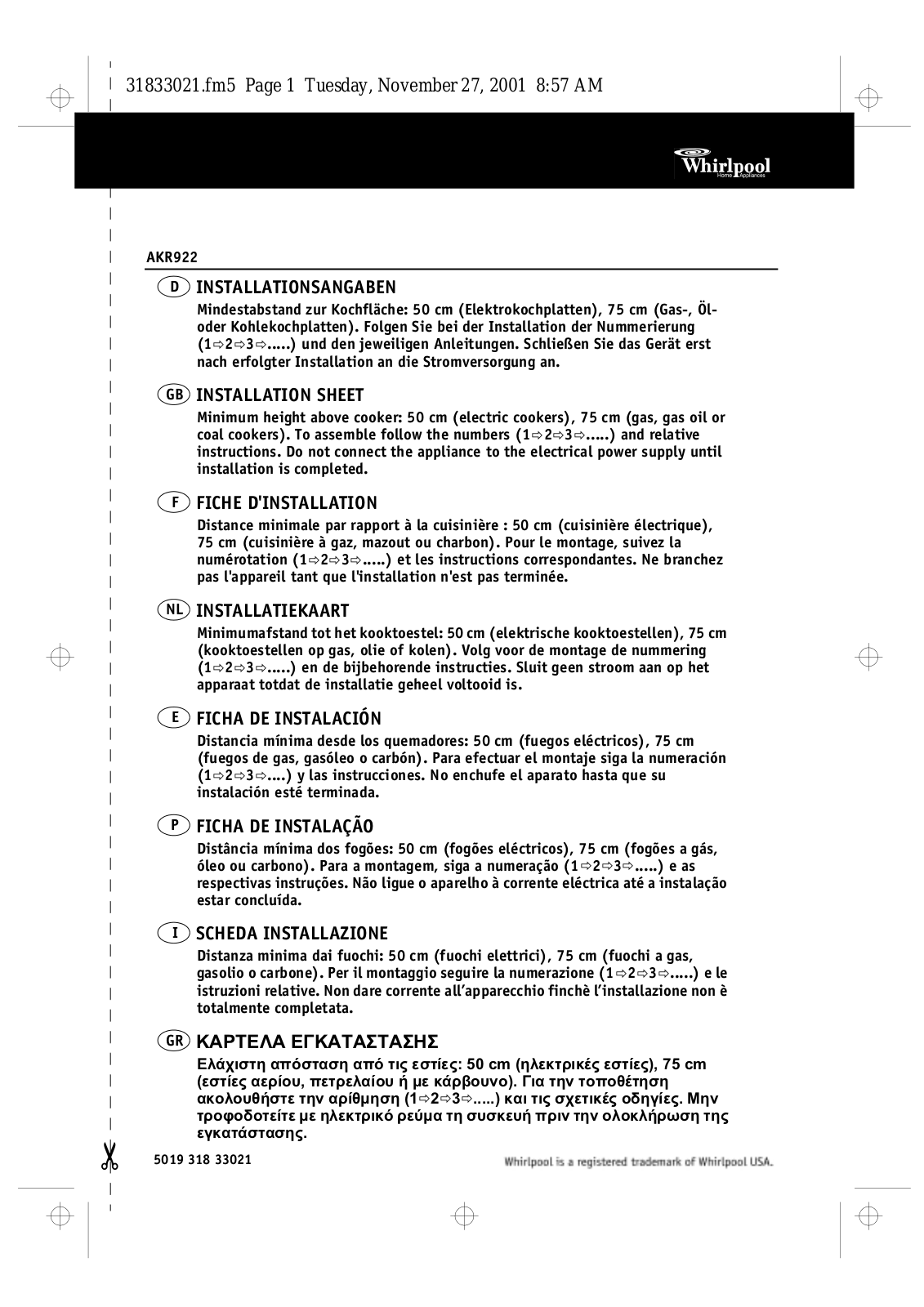 Whirlpool AKR 922 AL INSTRUCTION FOR USE