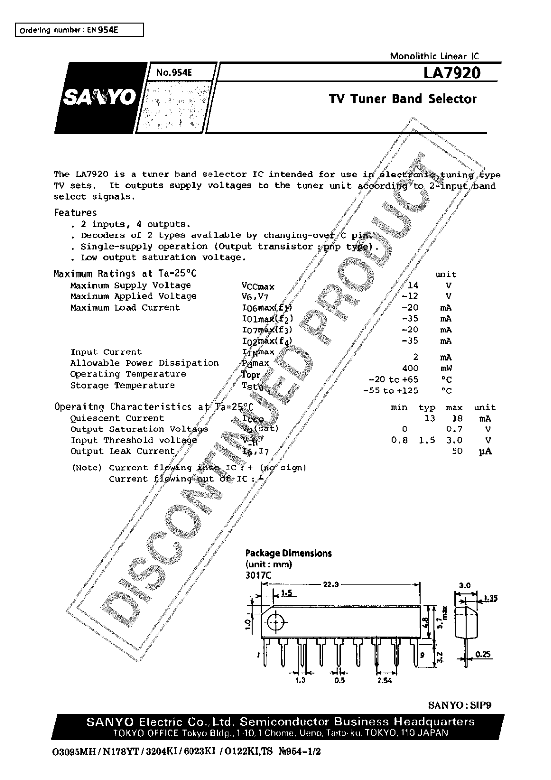 Sanyo LA7920 Specifications