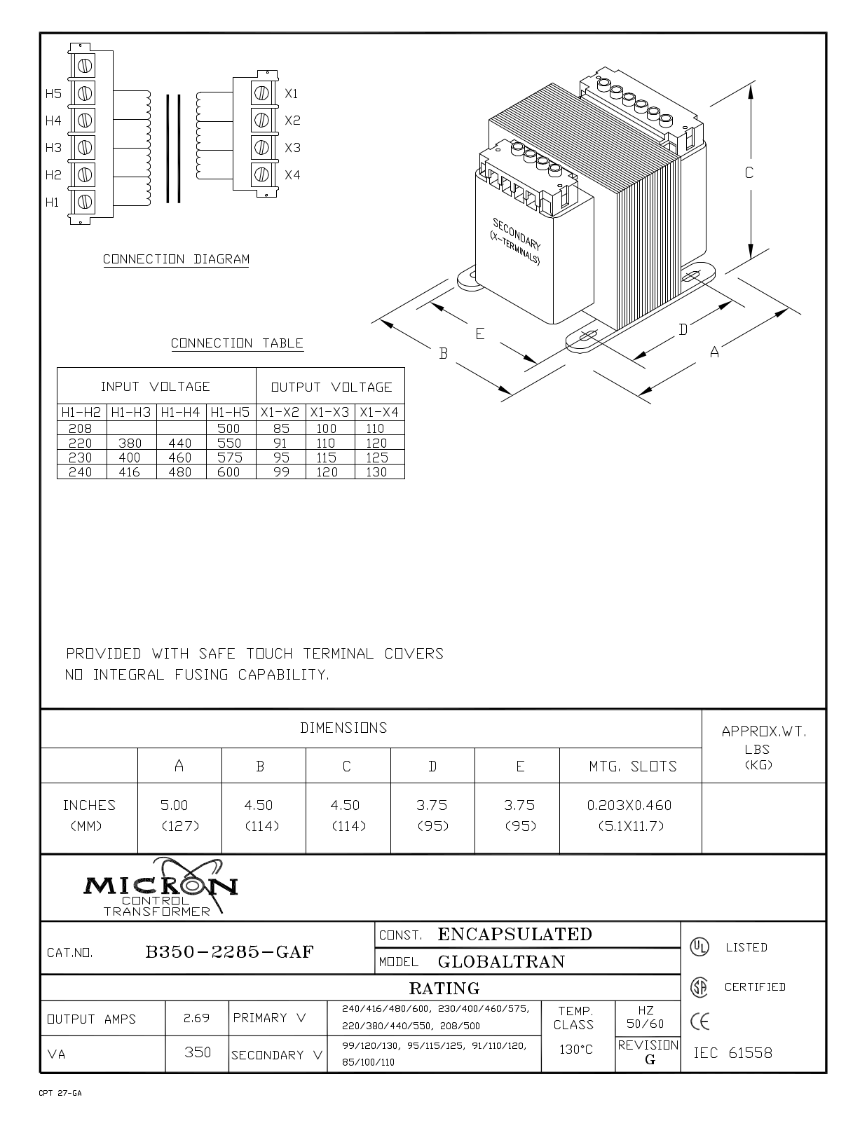 Micron Industries B350-2285-GAF Specification Sheet