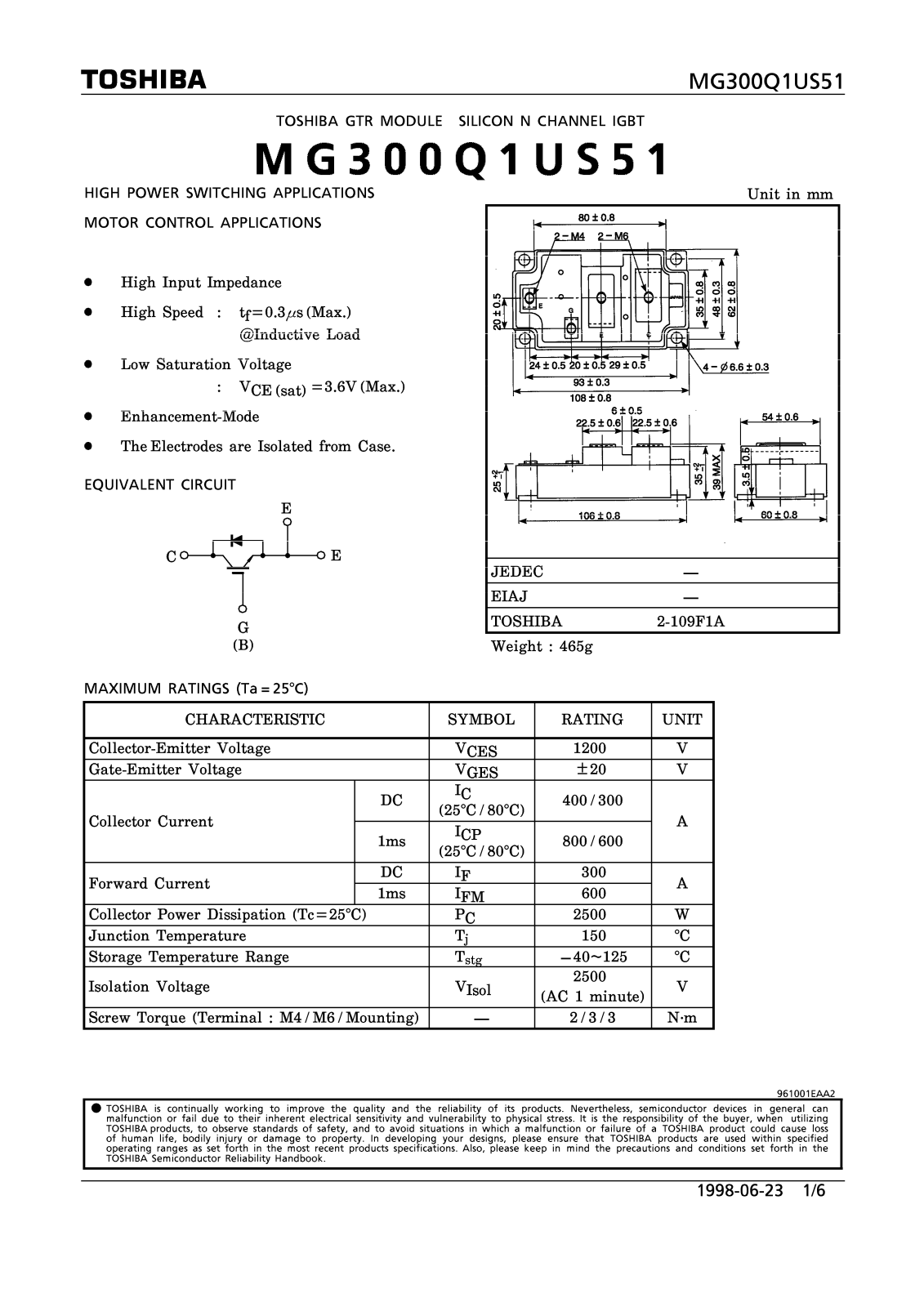 TOSHIBA MG300Q1US51 Technical data