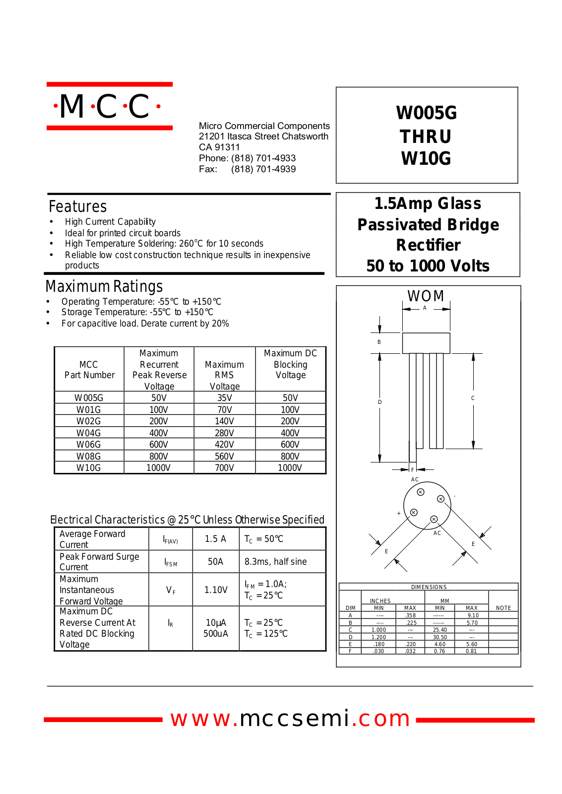 MCC W08G, W04G, W01G, W02G, W005G Datasheet