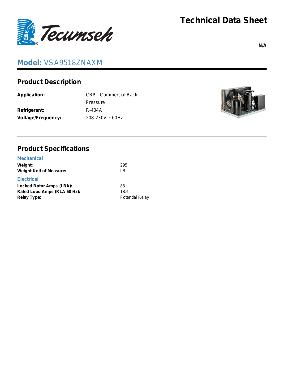 Tecumseh VSA9518ZNAXM Technical Data Sheet