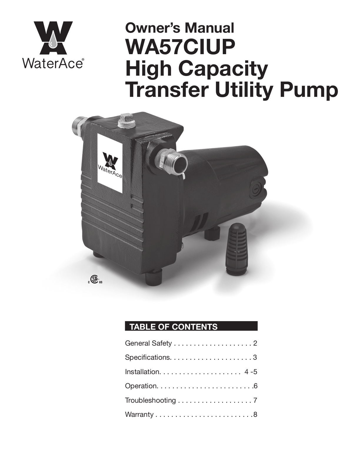 Water Ace WA57CIUP, WAUP Series, WAUP55, WAUP54, WAUP80 Owner's Manual