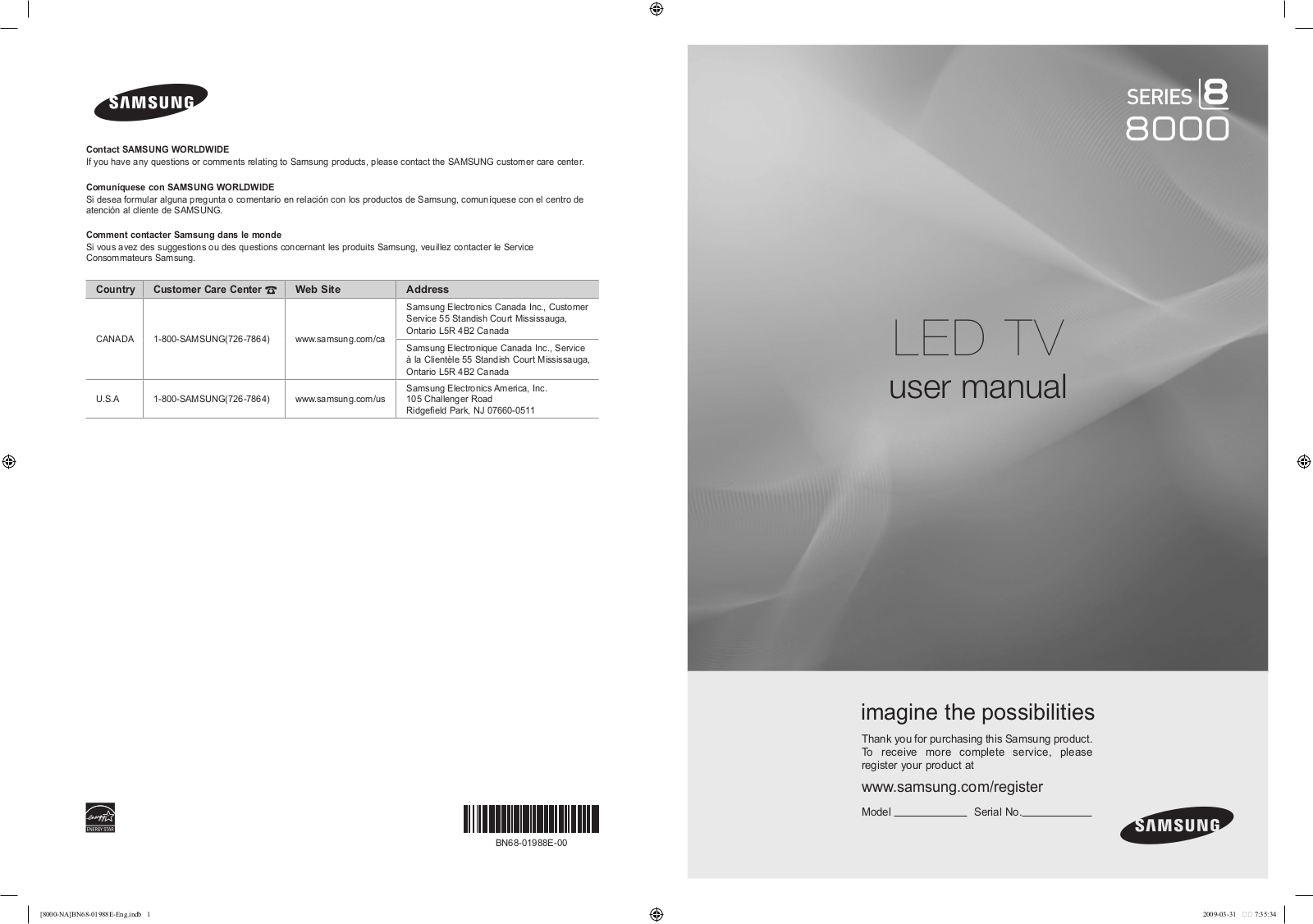 SAMSUNG UN46B8000XF, UN55B8000, UN55B8000XF User Manual