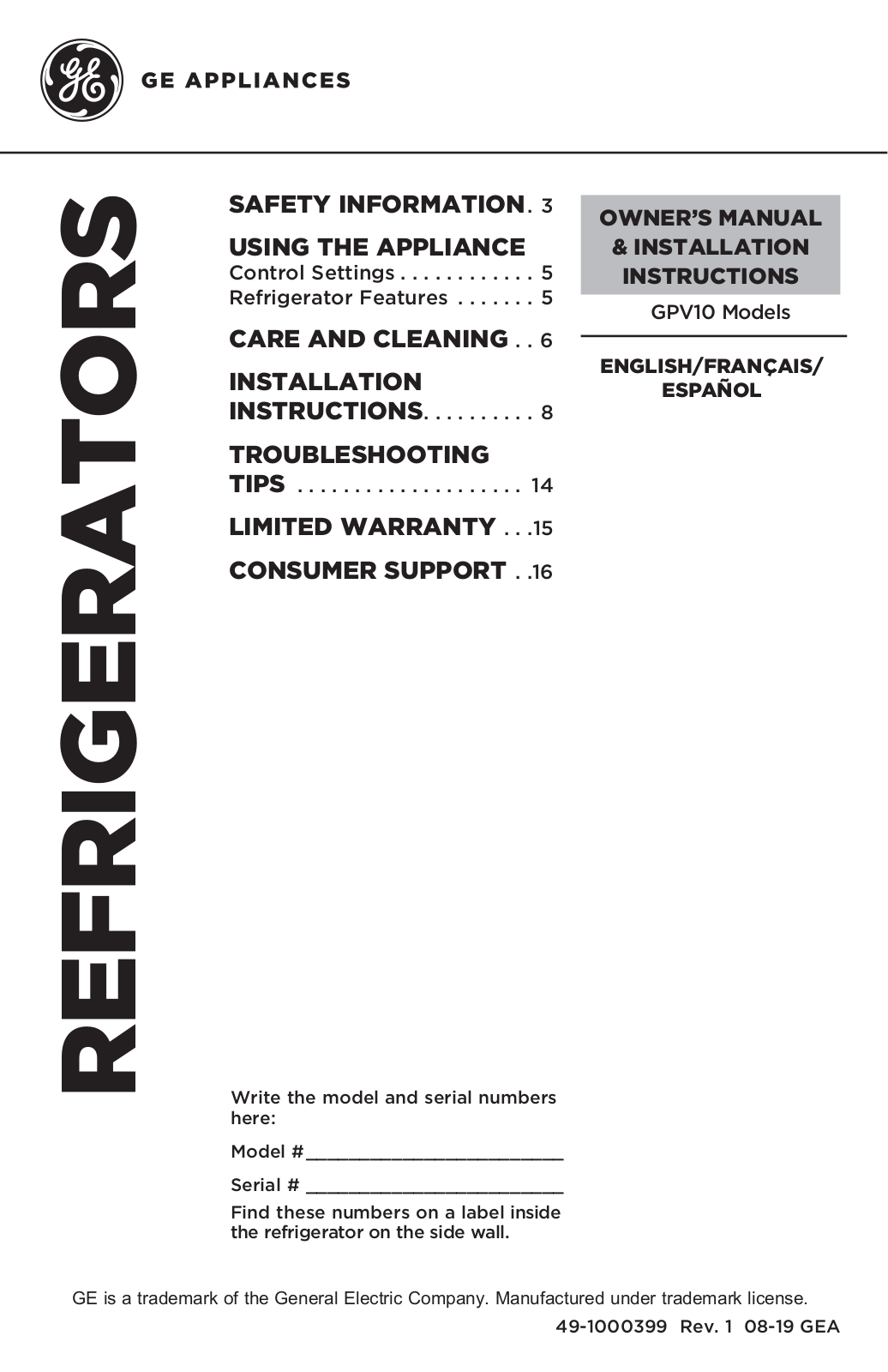 GE GPV10FSNSB Installation Manual