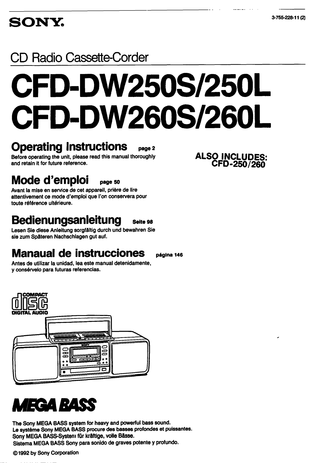 Sony CFD-DW250S, CFD-DW250L, CFD-DW260S, CFD-DW260L Operating Manual