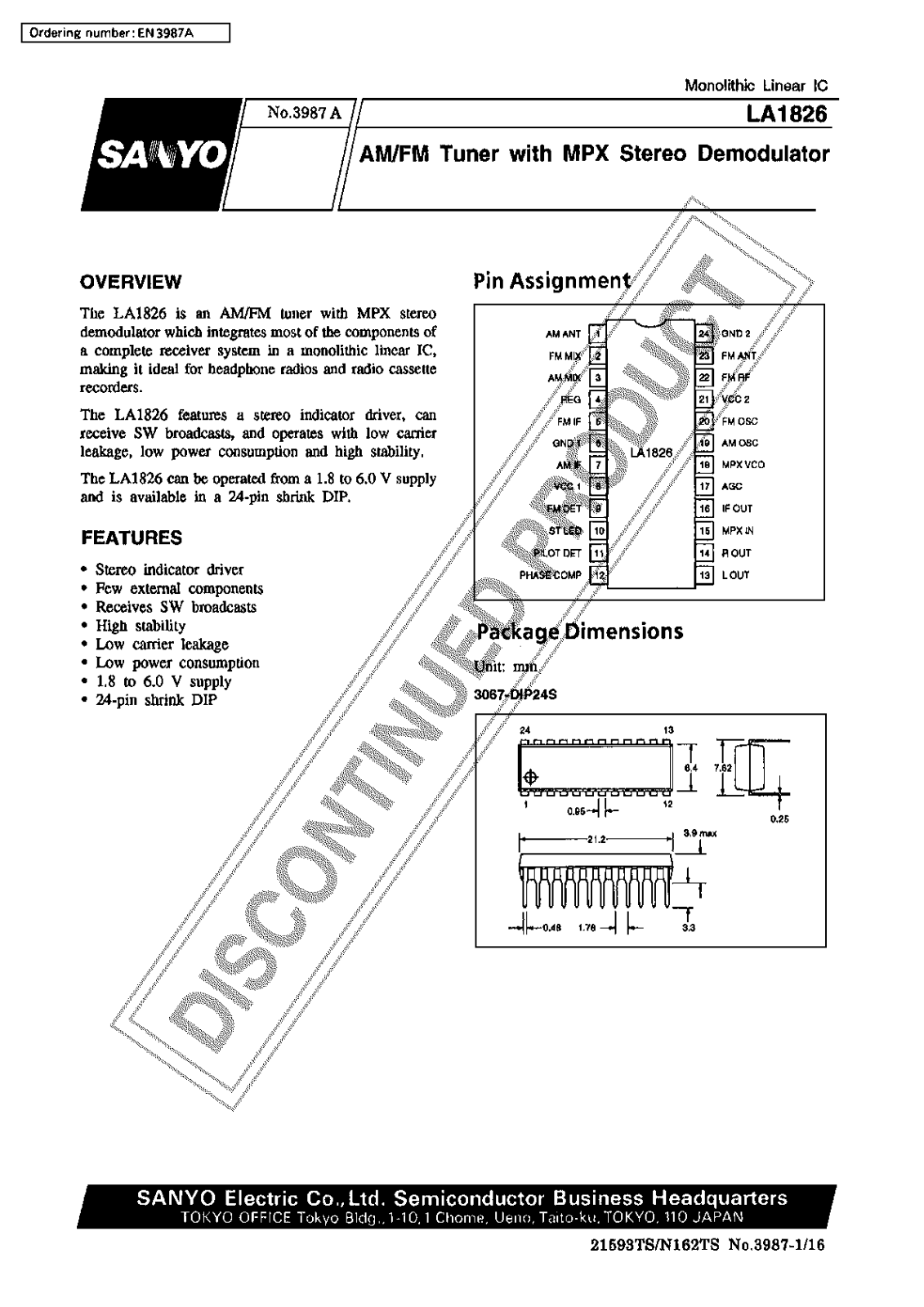 Sanyo LA1826 Specifications