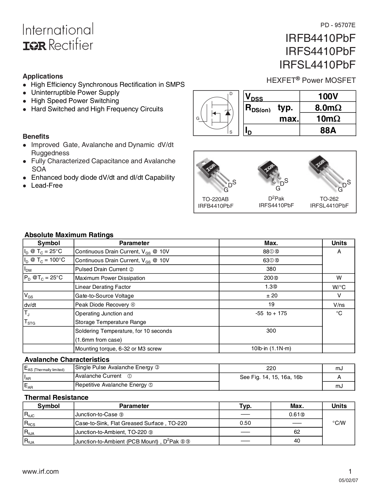 Datasheet IRFB4410PbF, IRFS4410PbF, IRFSL4410PbF Datasheet - ManualMachine.com
