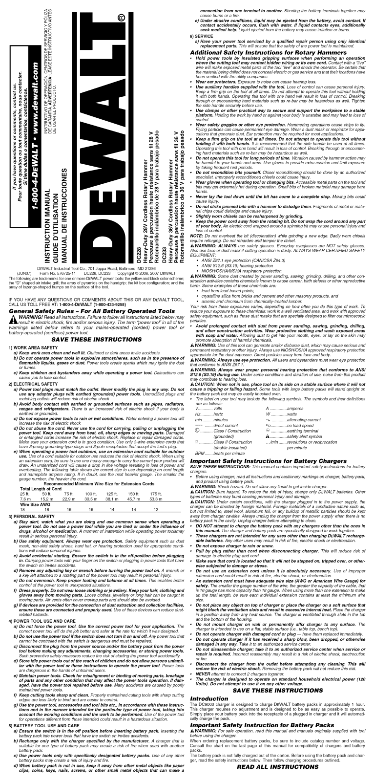 DeWalt DC233KL TYPE3, DC233KL TYPE2 Owner’s Manual