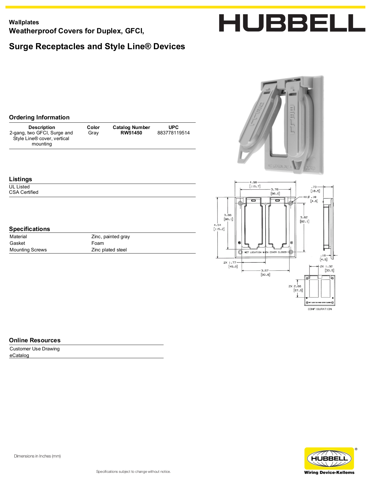 Hubbell RW51450 Specifications