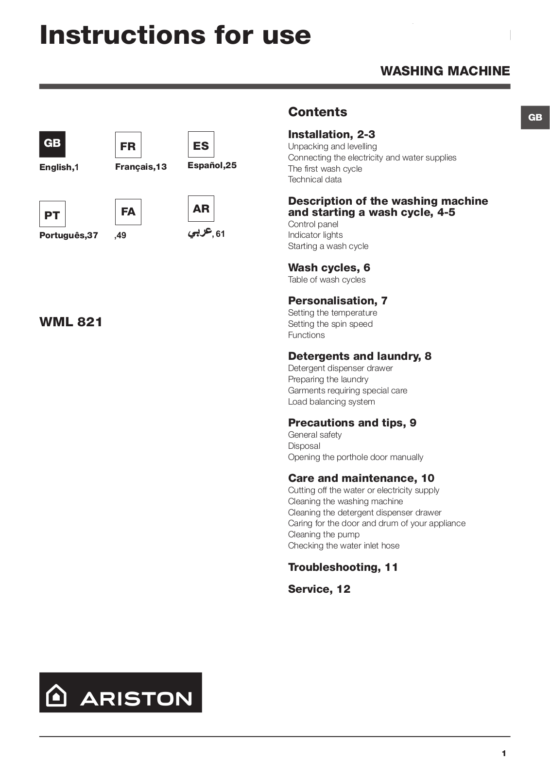 Hotpoint WML 821 EX User Manual