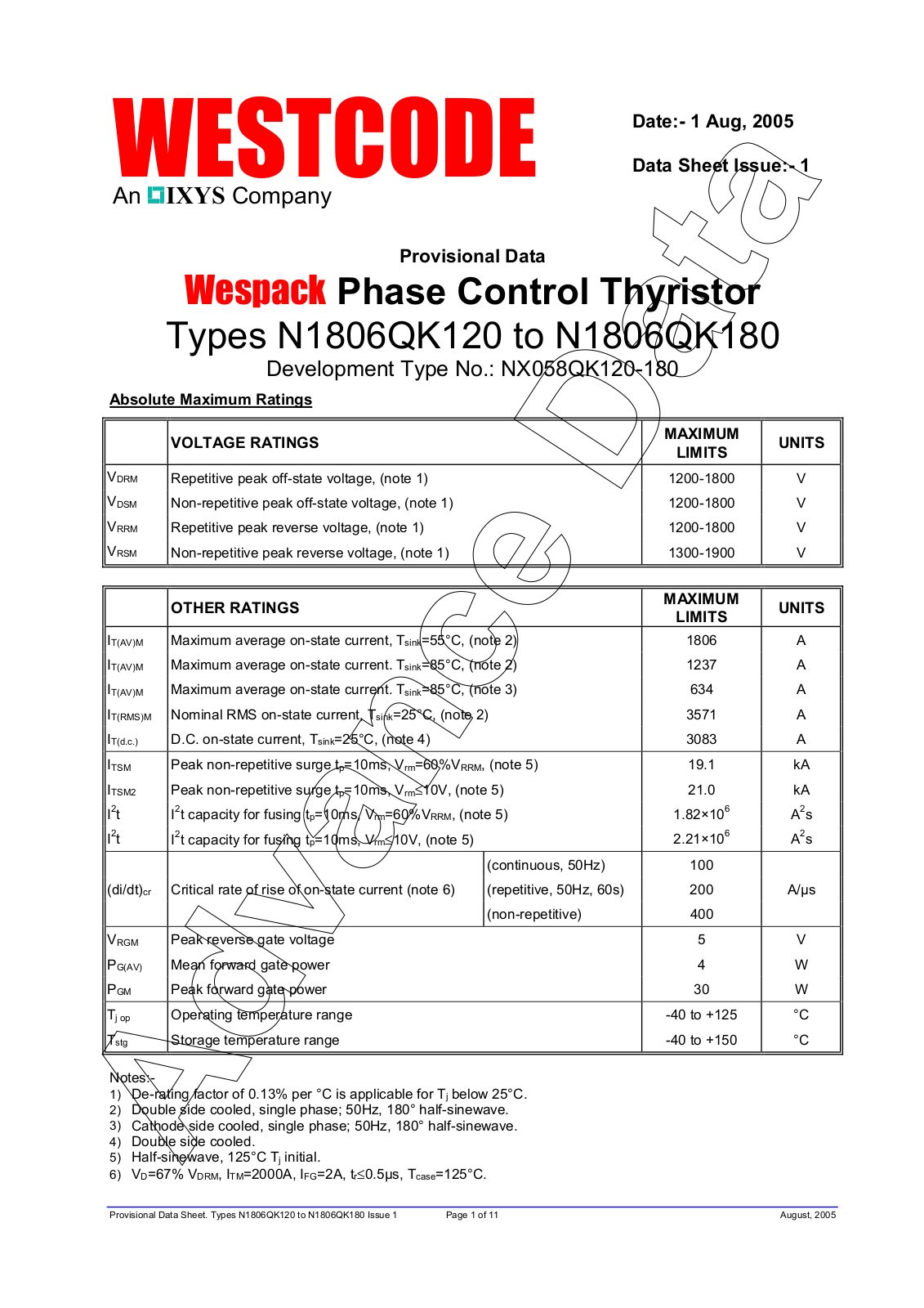 Westcode Semiconductors N1806QK120, N1806QK180 Data Sheet