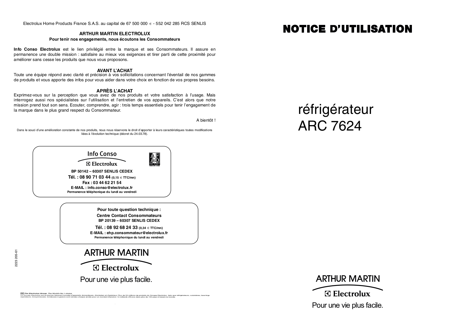 ARTHUR MARTIN ARC7624 User Manual