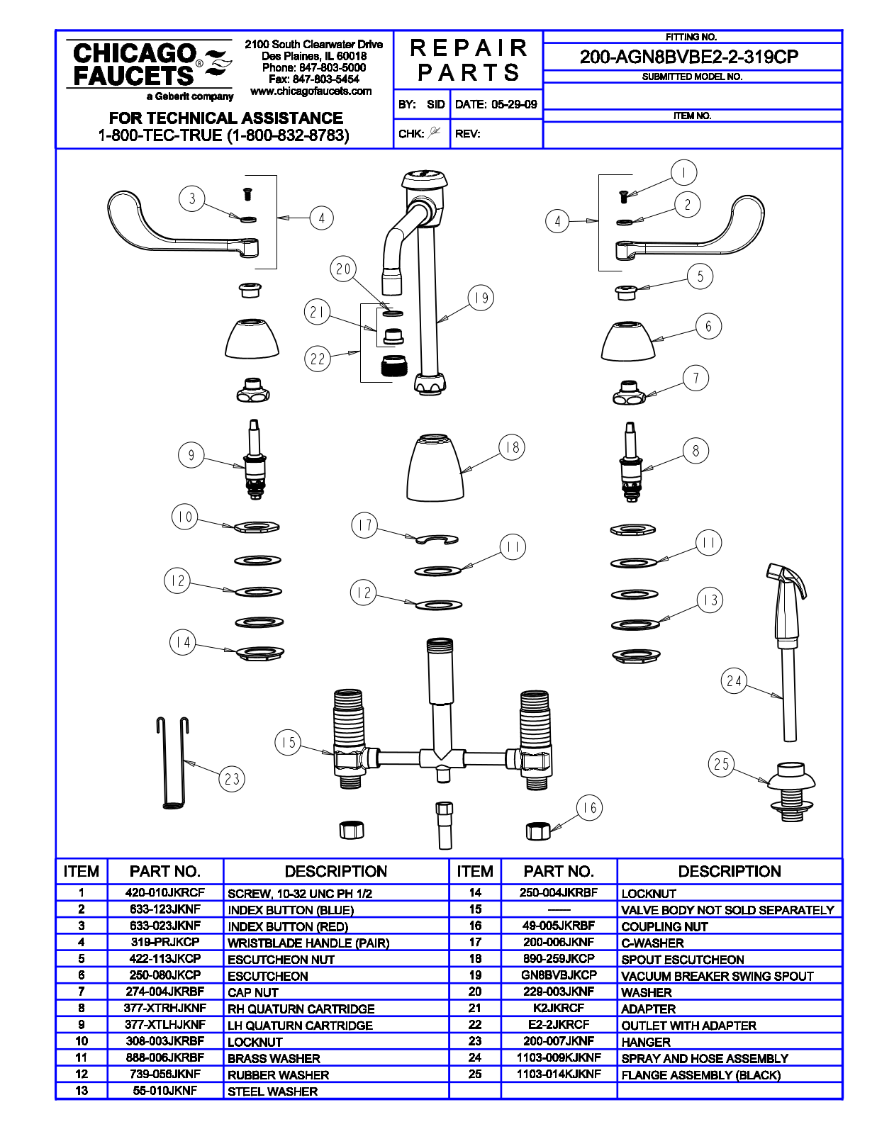 Chicago Faucet 200-AGN8BVBE2-2-319CP Parts List