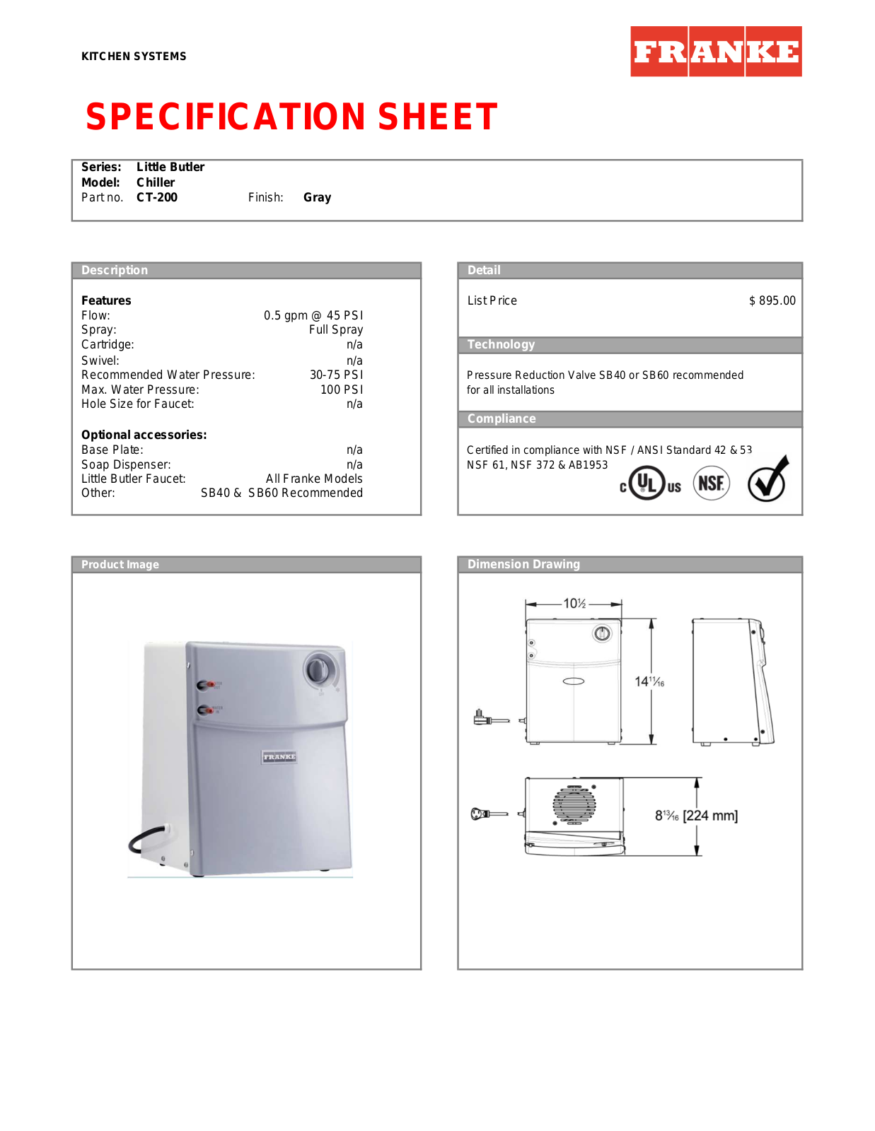 Franke CT200 Specifications