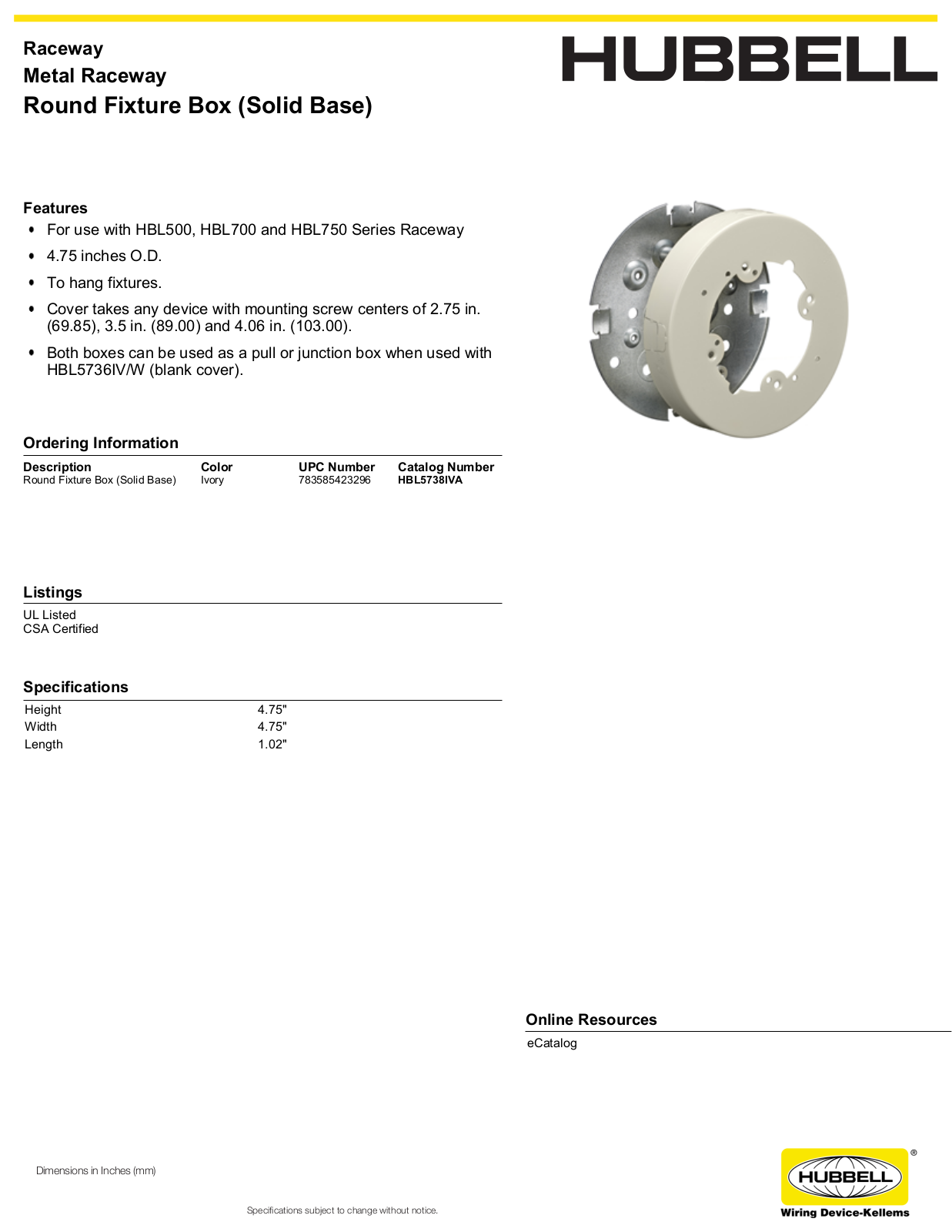 Hubbell HBL5738IVA Specifications