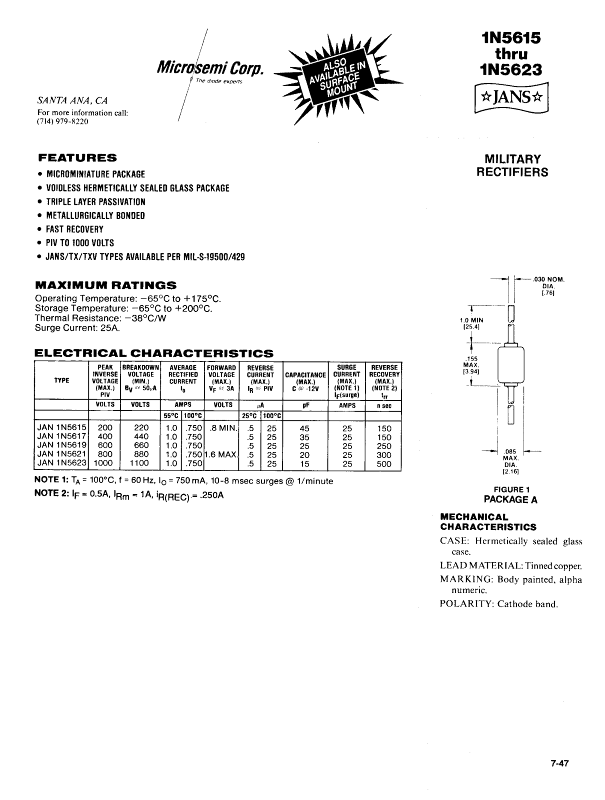 Microsemi Corporation 1N5623US, 1N5623, 1N5621US, 1N5621, 1N5619US Datasheet