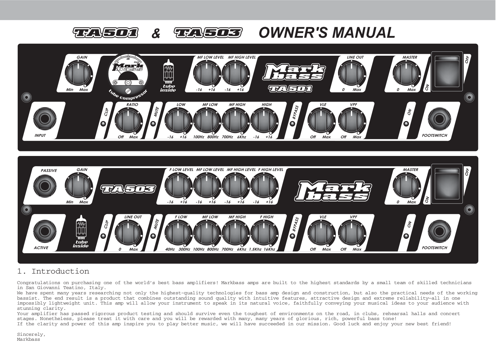 Markbass TA501 Testata per Basso Valvolare 500W User manual