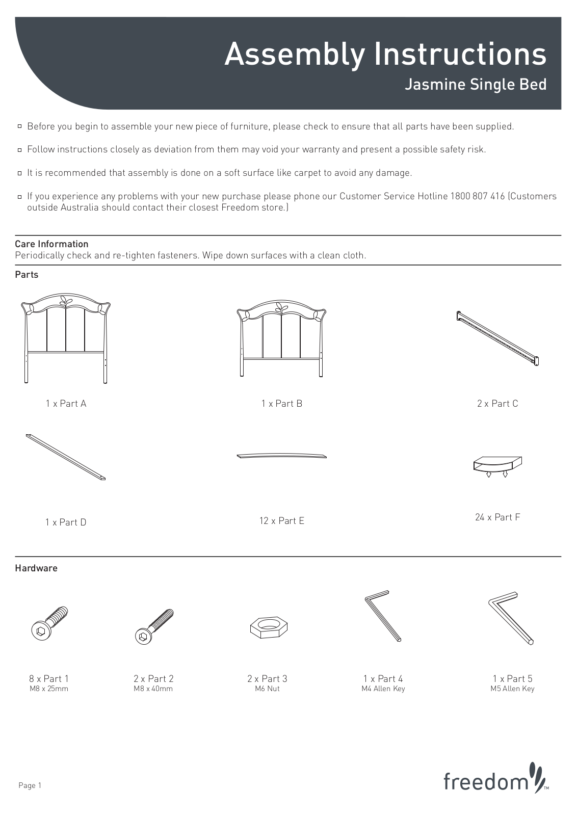 Freedom Jasmine Single Bed Assembly Instruction