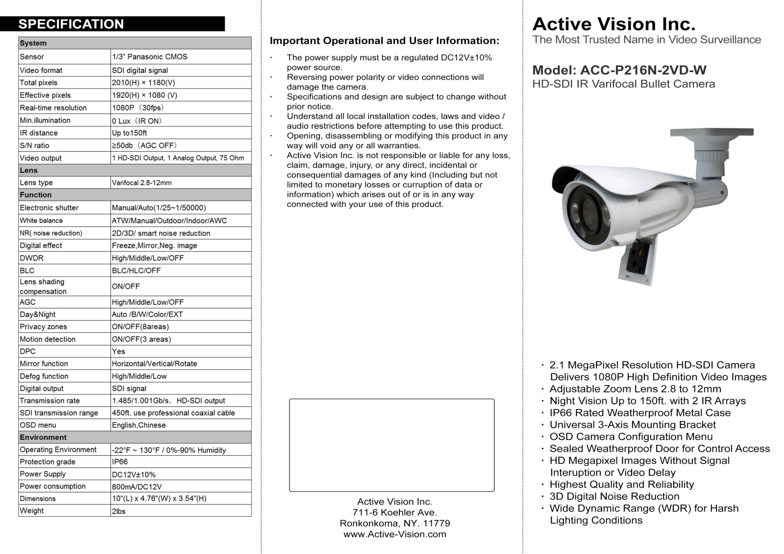 Active vision ACC-P216N-2VD-W User Manual