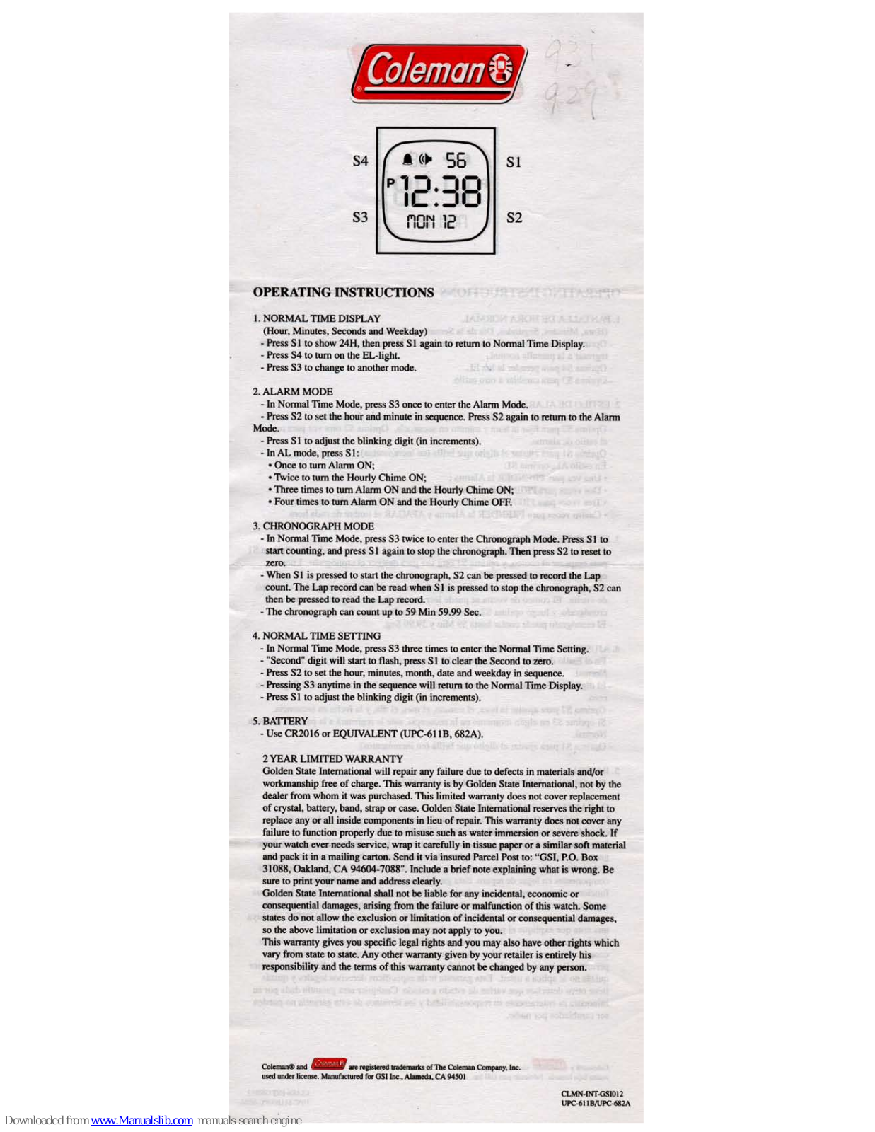 Coleman 40-929, 40-931 Operating Instructions Manual