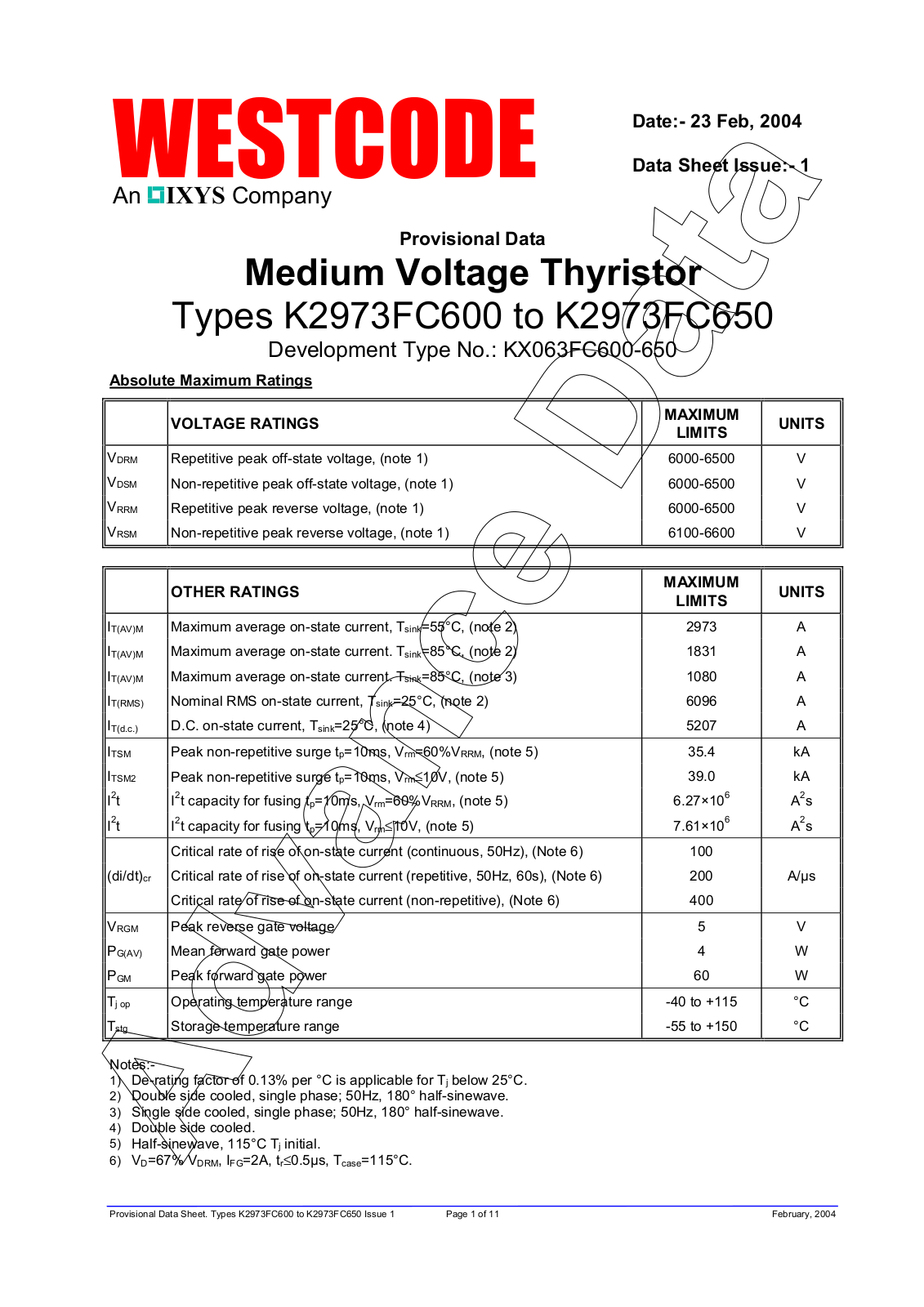 Westcode Semiconductors K2973FC600, K2973FC650 Data Sheet