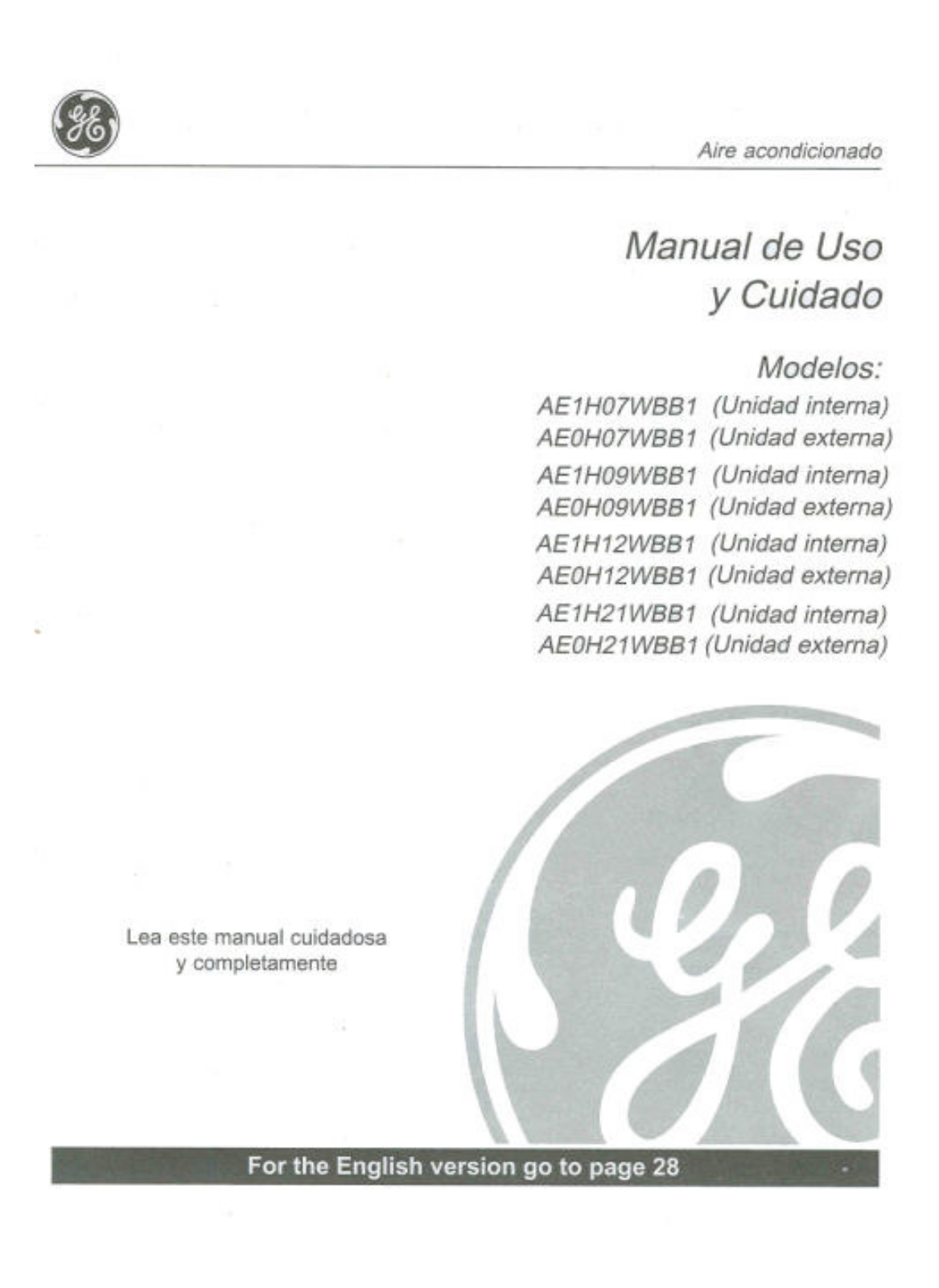 GE AE1H07WBB1, AE0H07WBB1, AE1H09WBB1, AE0H09WBB1, AE1H12WBB1 Service Manual