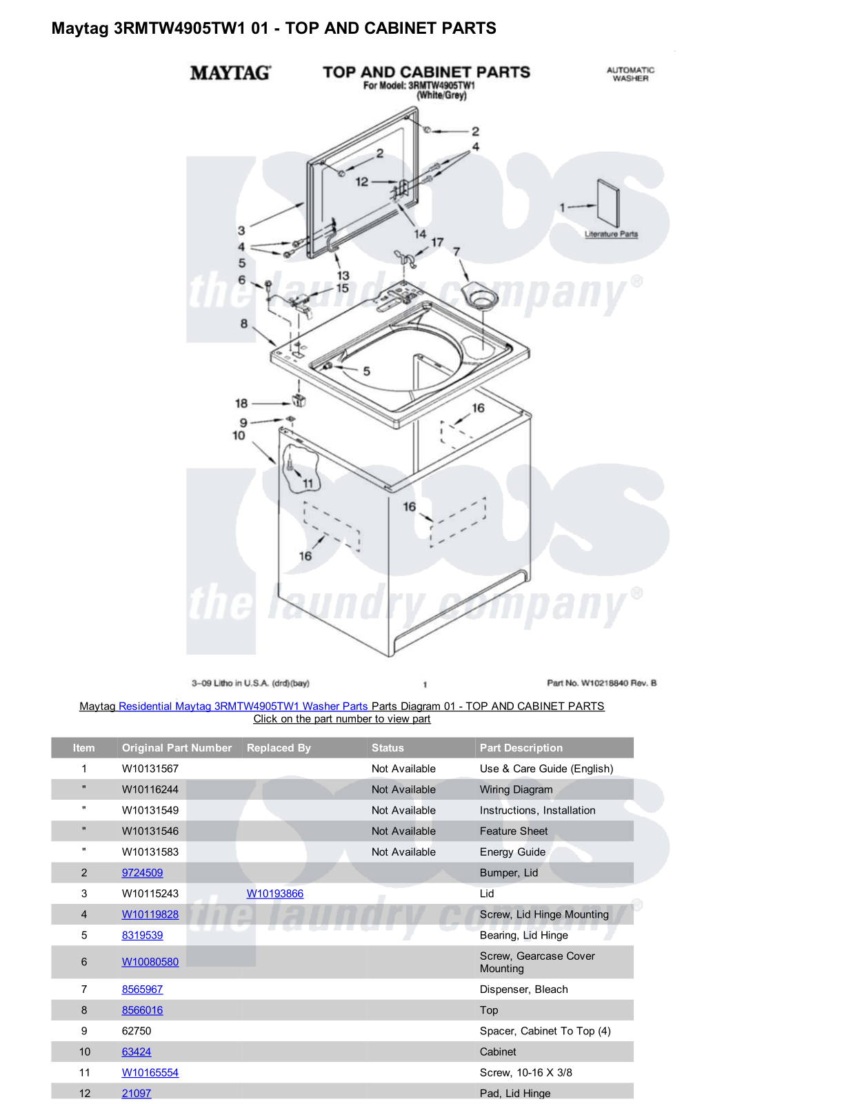 Maytag 3RMTW4905TW1 Parts Diagram