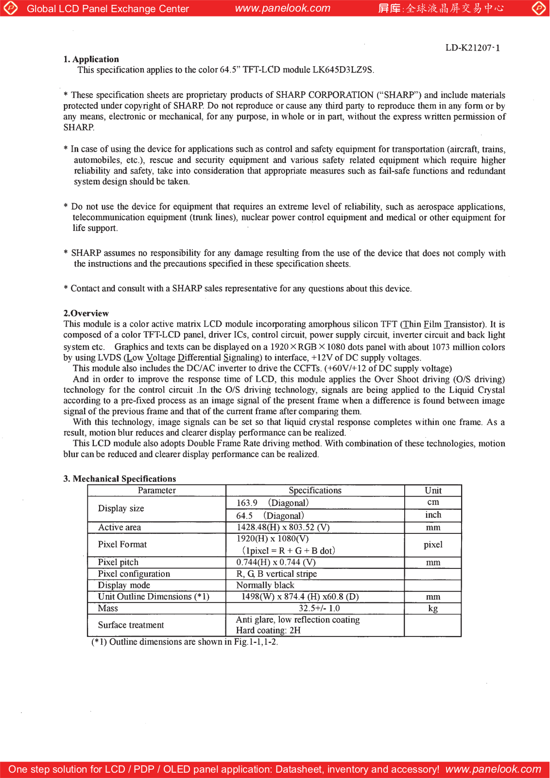 SHARP LK645D3LZ9S Specification