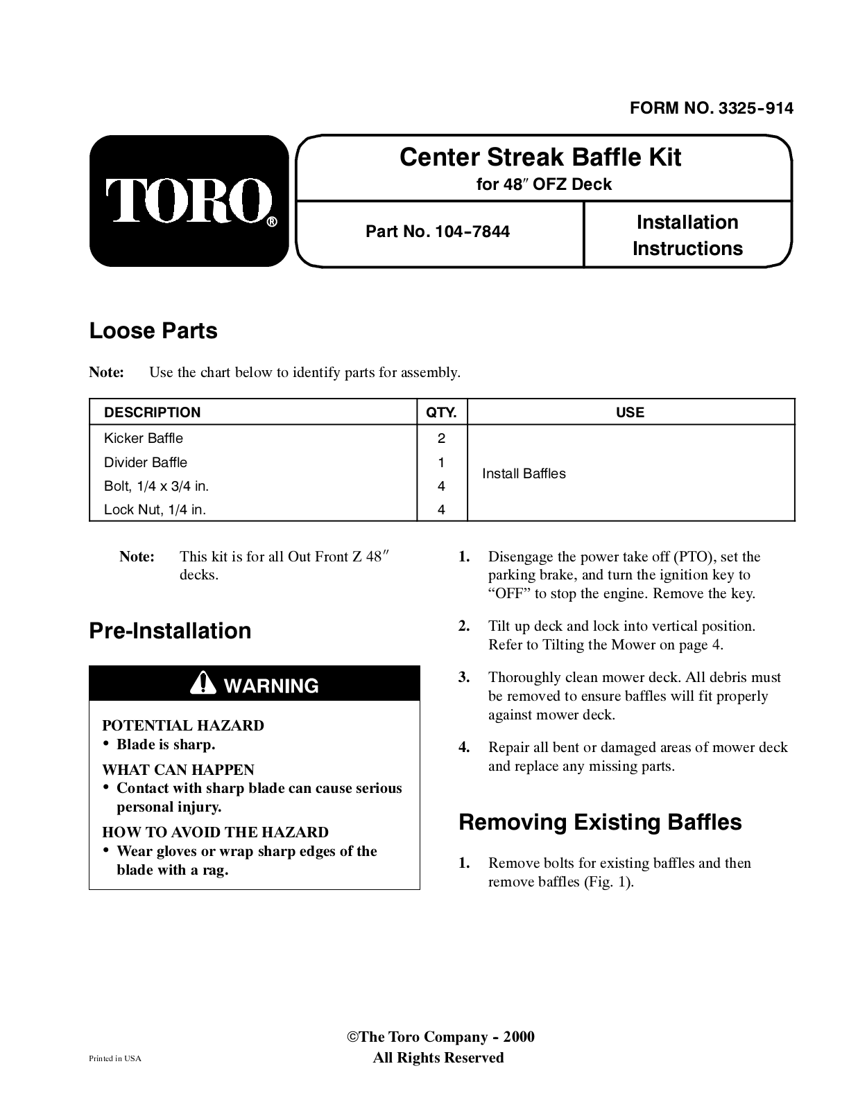 Toro 104-7844 Installation Instructions