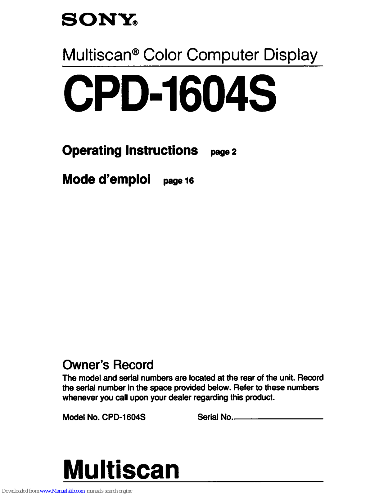 Sony CPD-1604S Operating Instructions (primary manual) Operating Instructions Manual