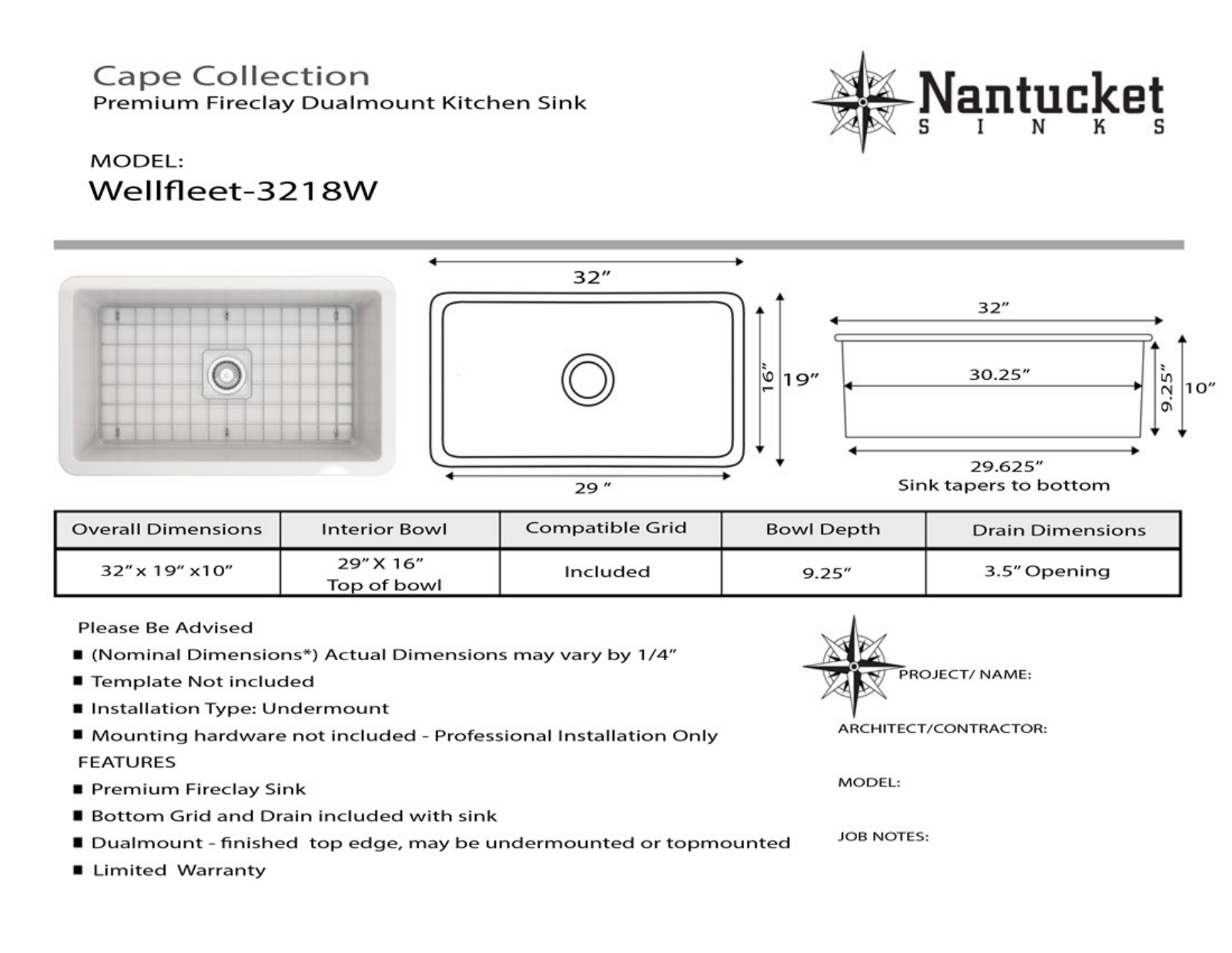 Nantucket WELLFLEET3218W Specifications