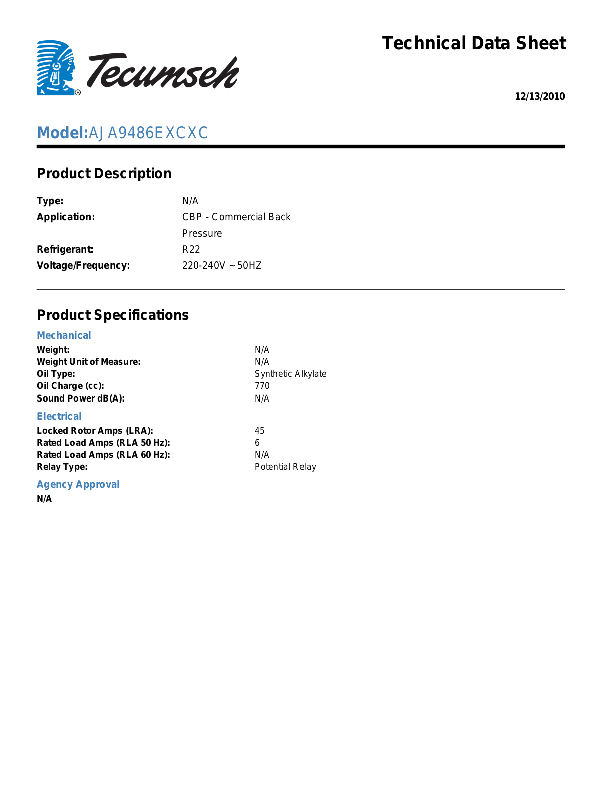 Tecumseh AJA9486EXCXC User Manual