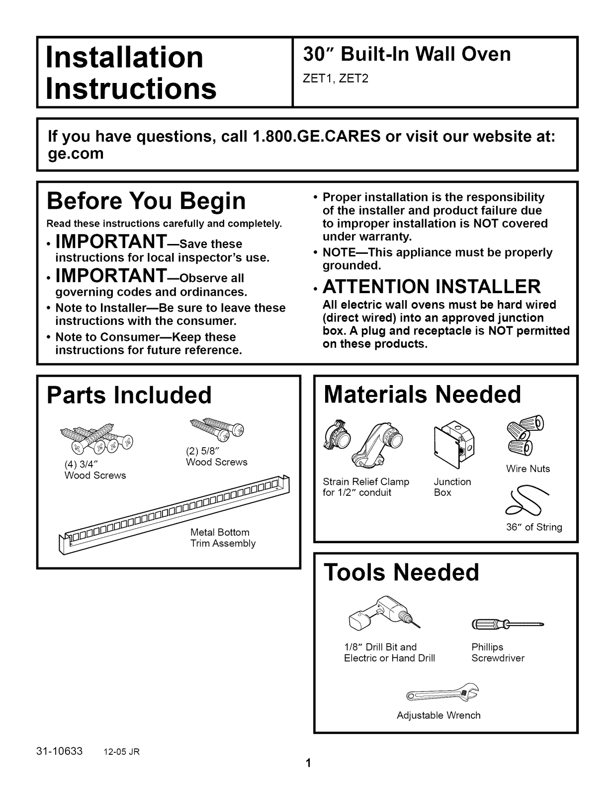 GE ZET1PL1SS, ZET1PM1SS, ZET1SL1SS, ZET1SM1SS, ZET2PL1SS Installation Guide - ManualMachine.com