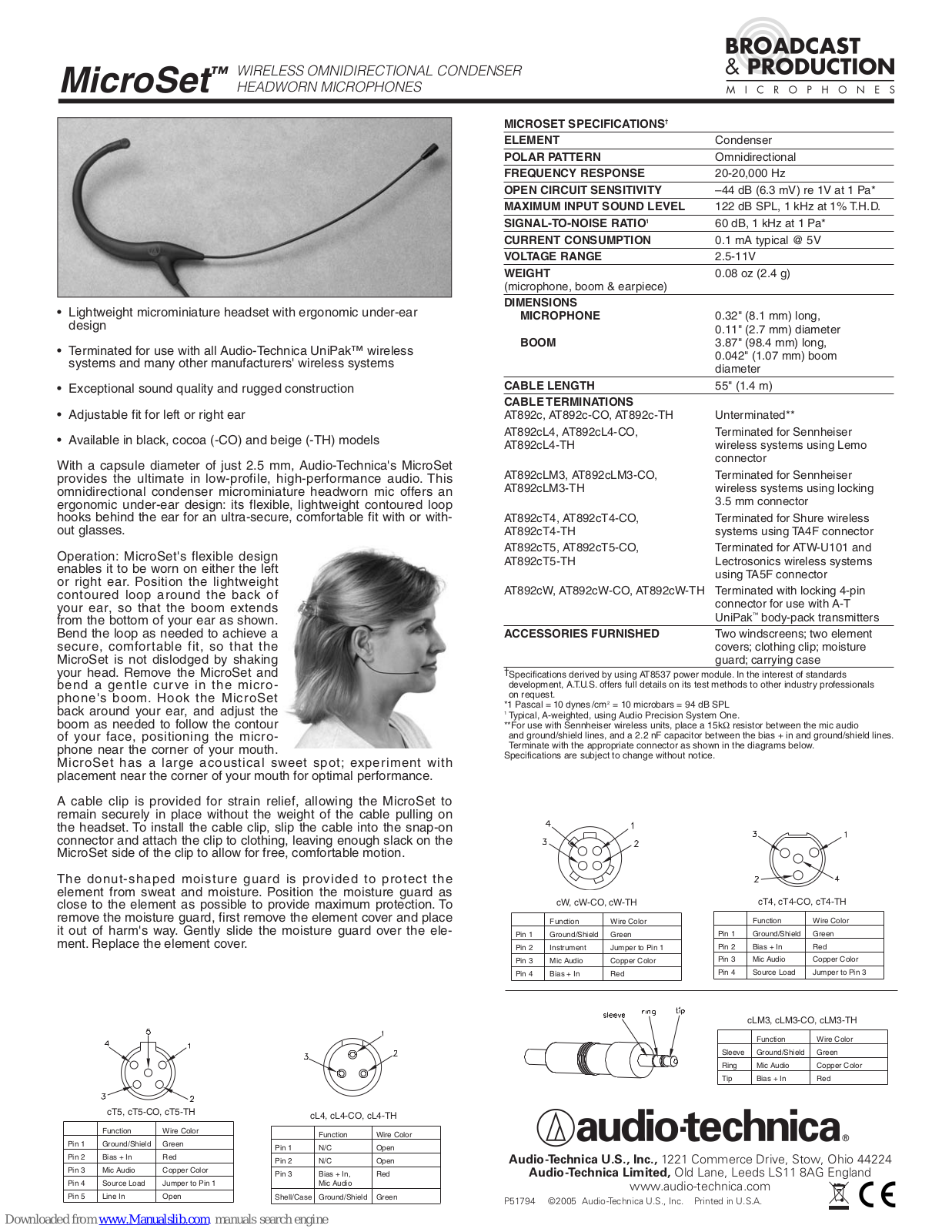 Audio Technica AT892cL4, AT892c, AT892c-CO, AT892c-TH, AT892cL4-CO Specification Sheet