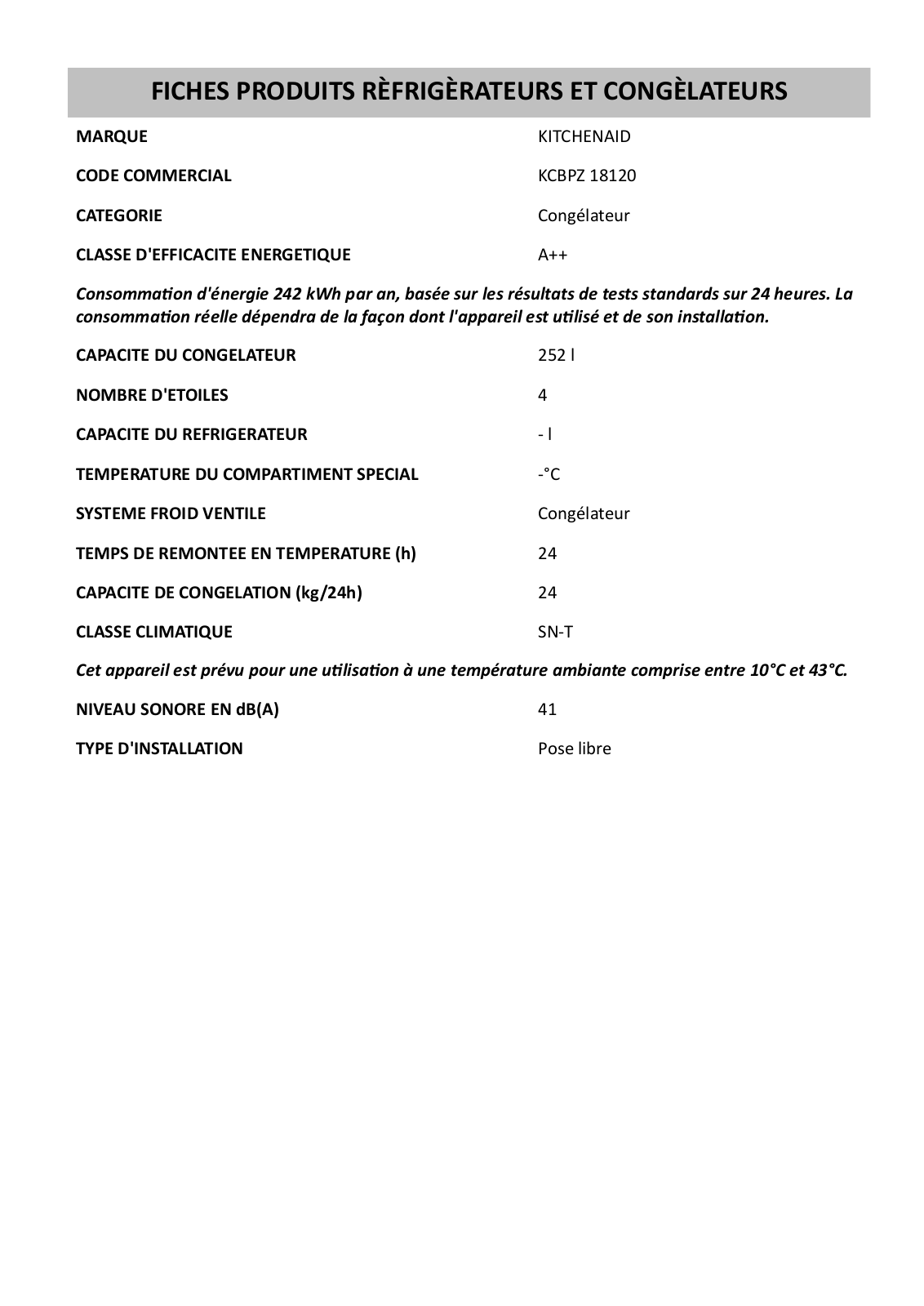 KitchenAid KCBPZ 18120 Product Information