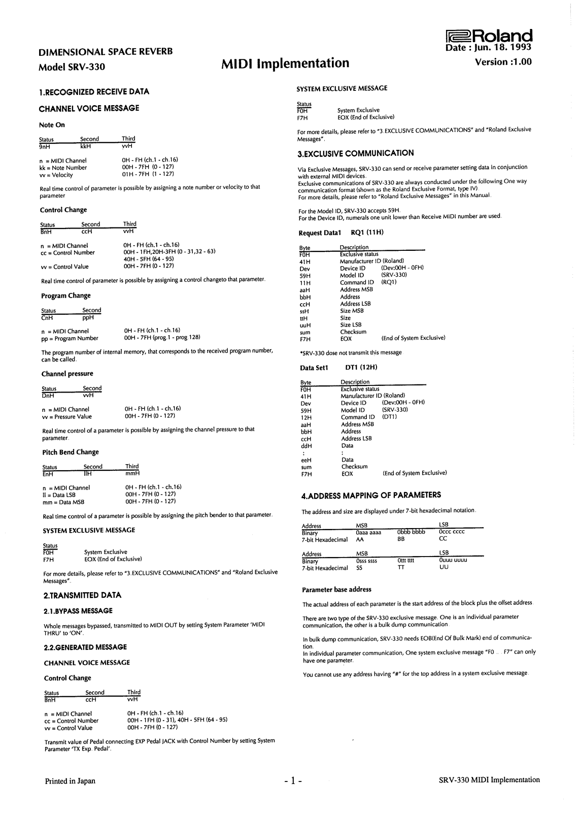 Roland Corporation SRV-330 User's Manual