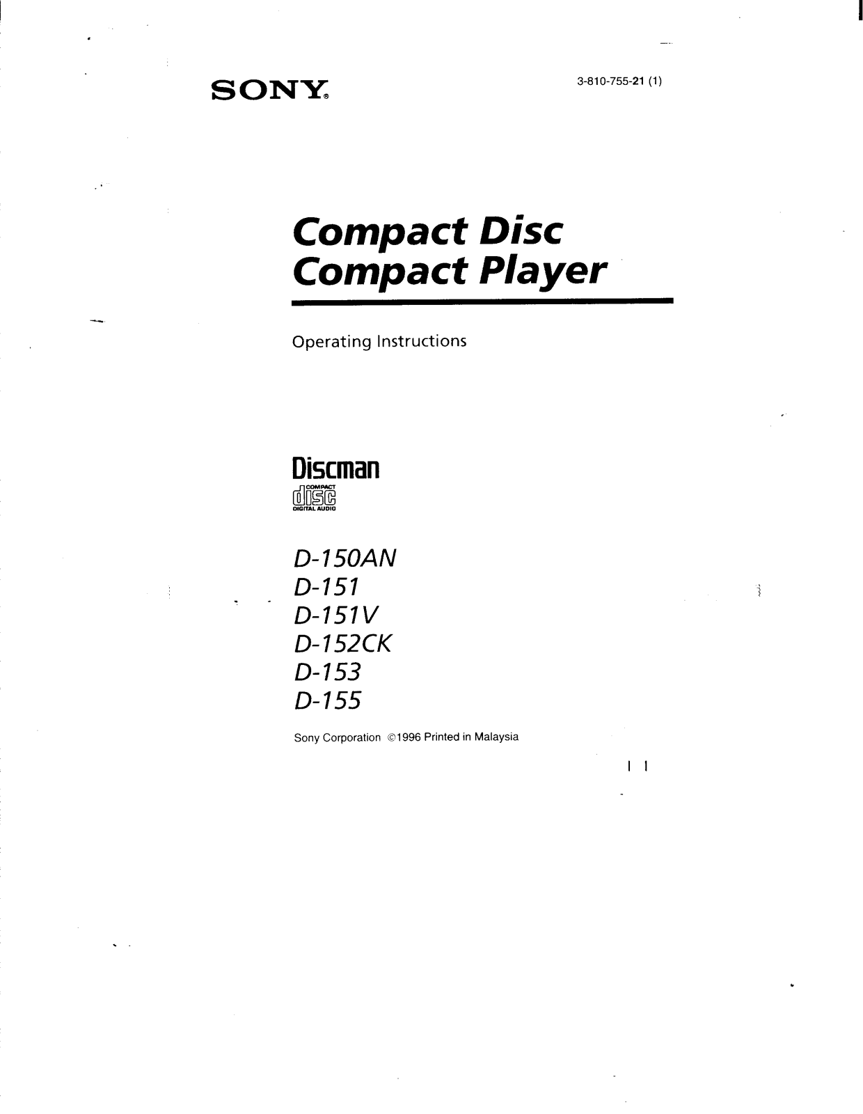 Sony D-151V, D-155, D-152CK, D-150AN, D-153 User Manual