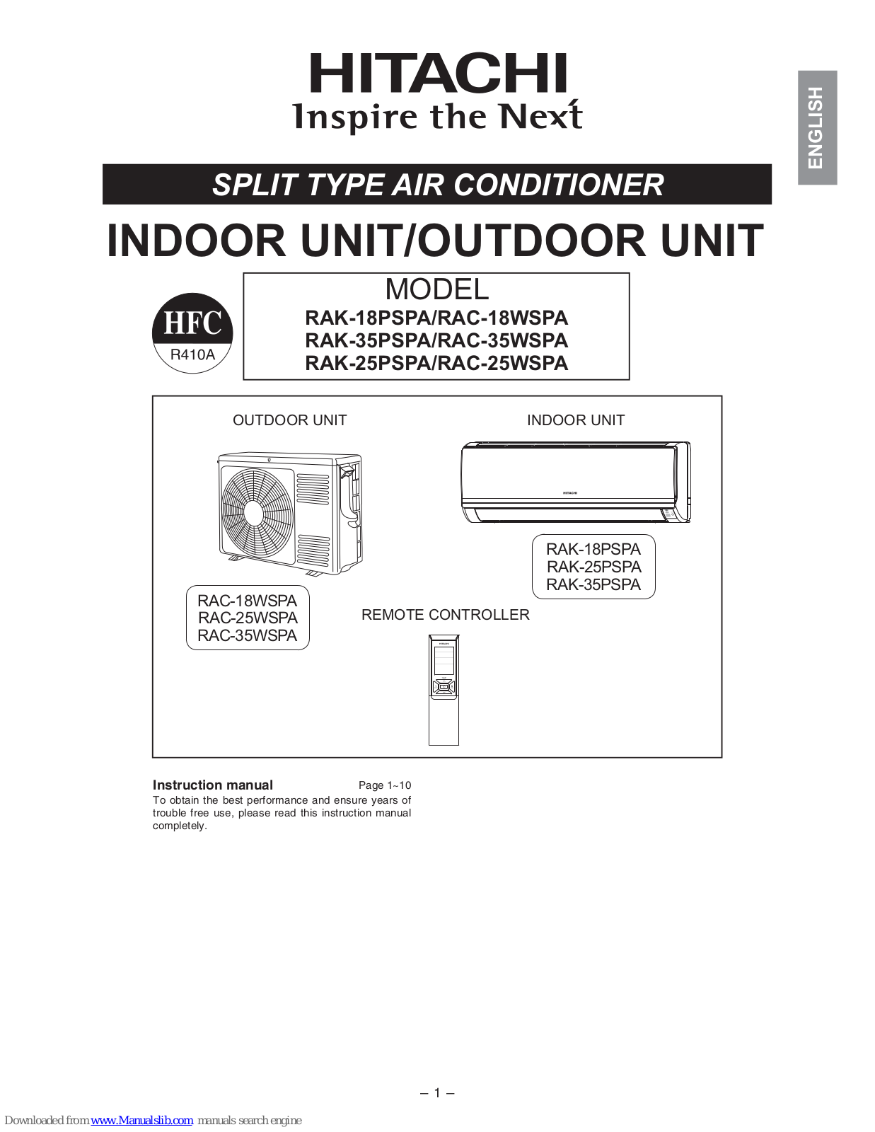 Hitachi RAK-18PSPA, RAC-18WSPA, RAK-35PSPA, RAC-35WSPA, RAK-25PSPA Instruction Manual