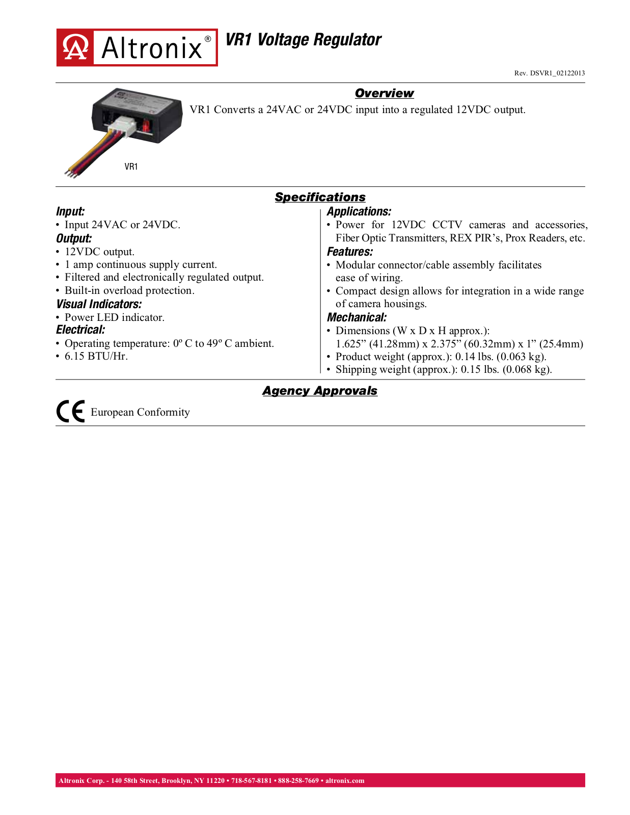 Altronix VR1 Specsheet