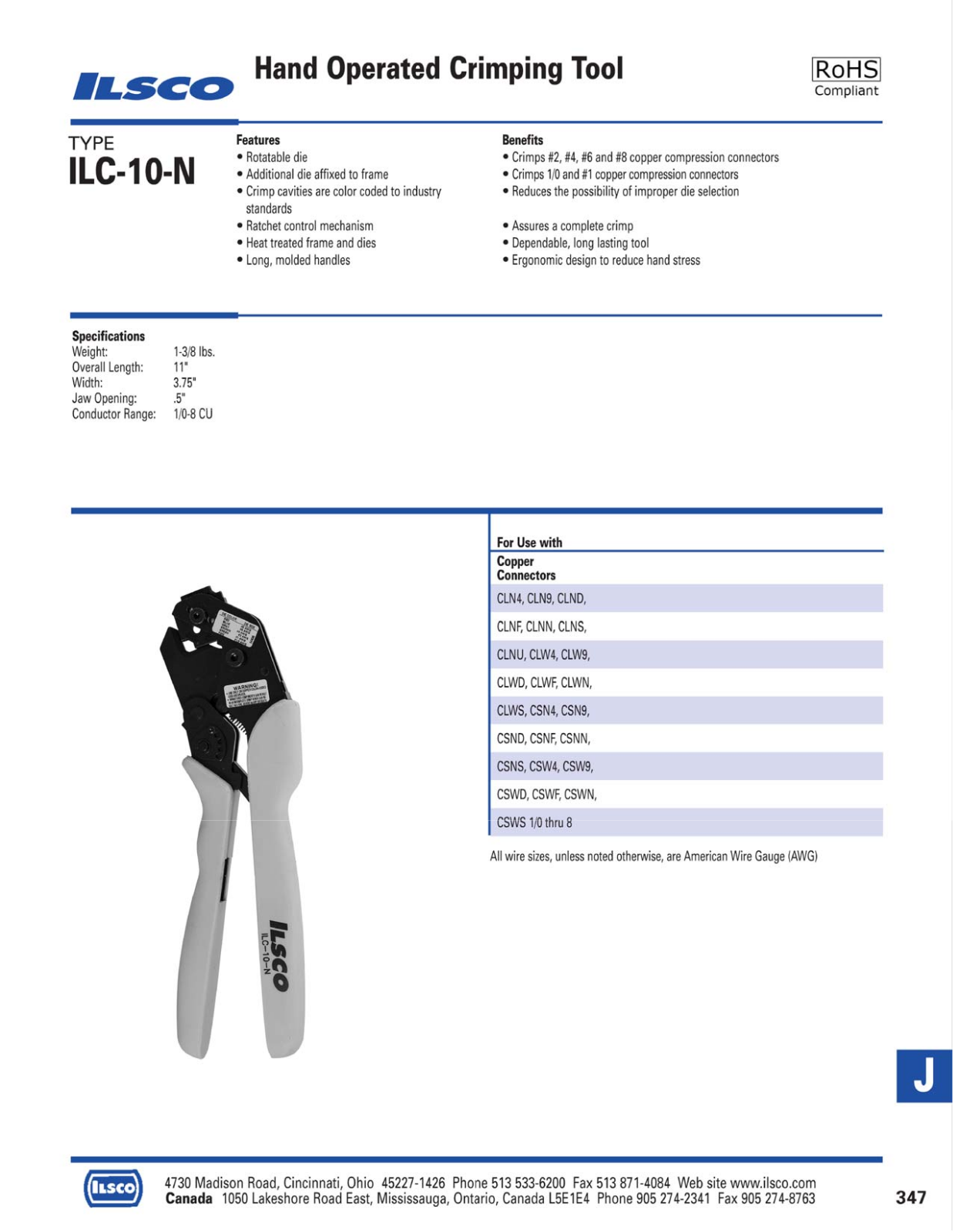 Ilsco Hand Operated Crimping Tool Catalog Page