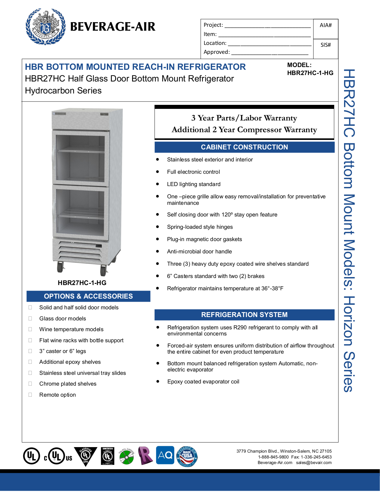 Beverage-Air HBR27HC1HG Specifications