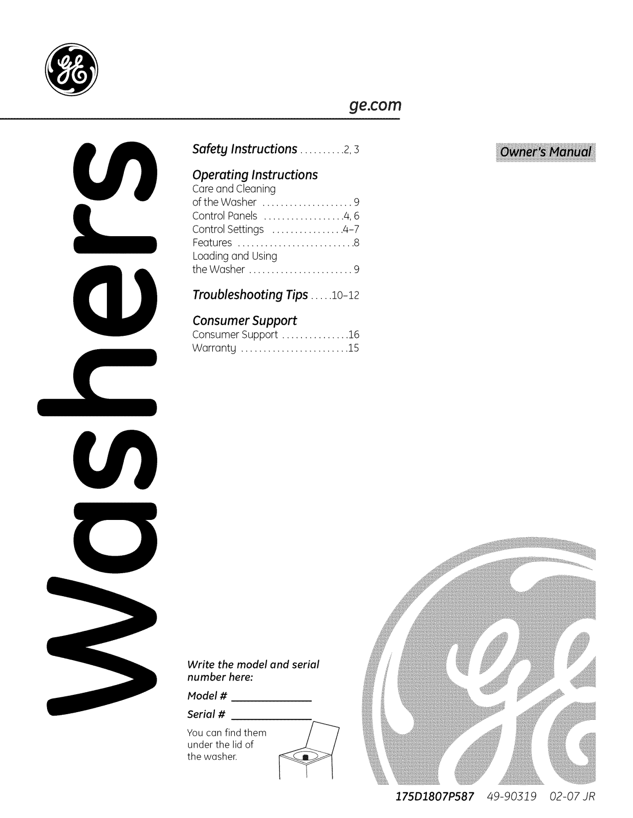GE WVSR1060G6WW, WVSR1060G3WW, WLSR2200J5WW, WLSR2200J3WW, WLSR2000G5WW Owner’s Manual