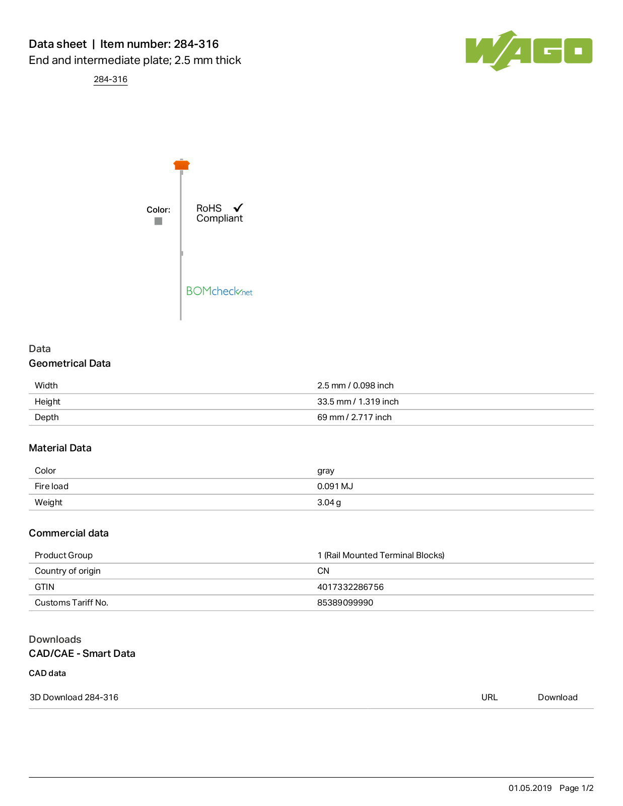 Wago 284-316 Data Sheet