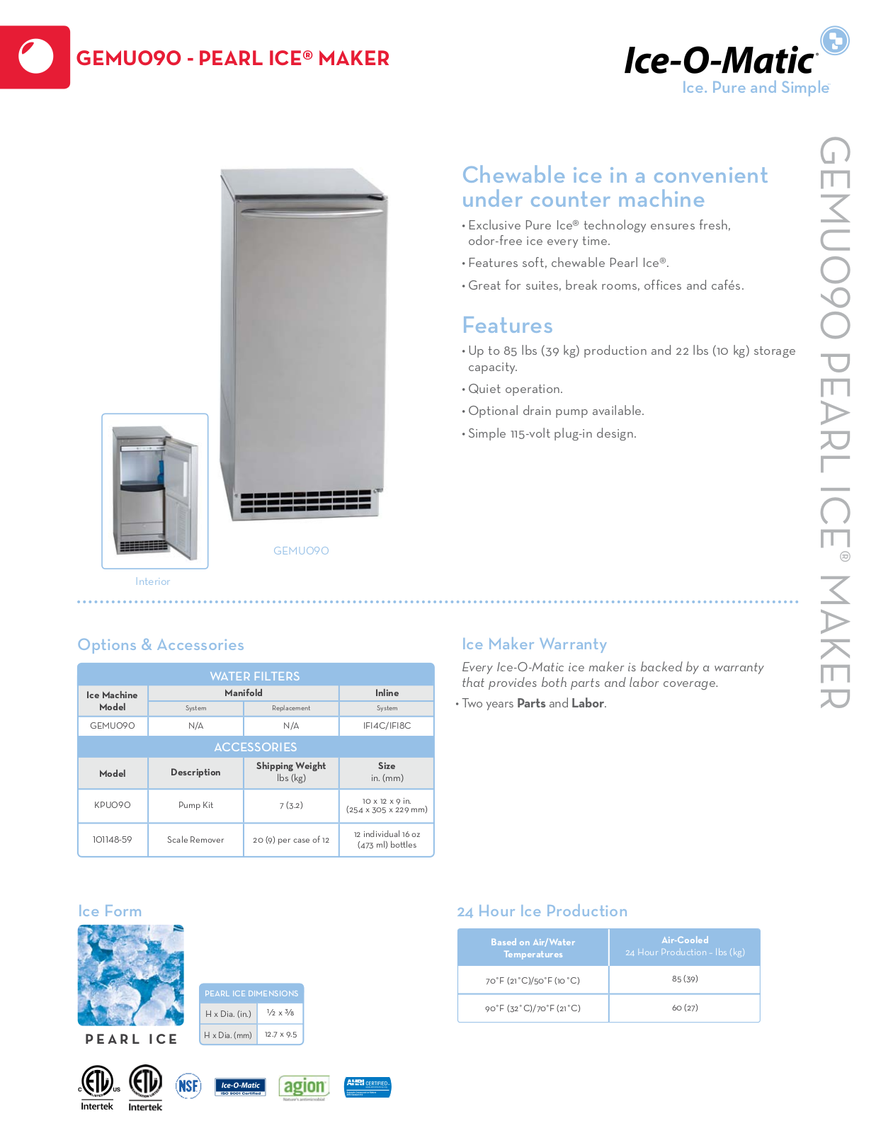 Ice-O-Matic GEMU090 Specifications