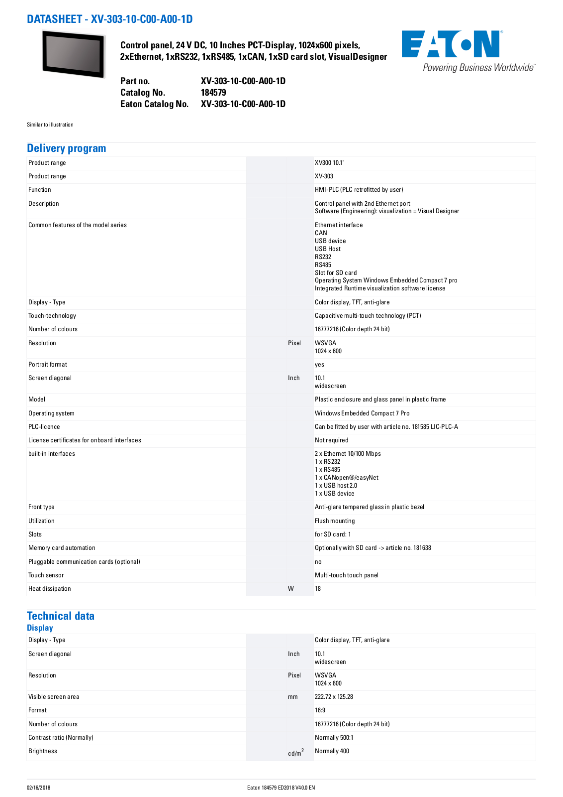 Cutler Hammer, Div of Eaton Corp XV-303-10-C00-A00-1D Data Sheet