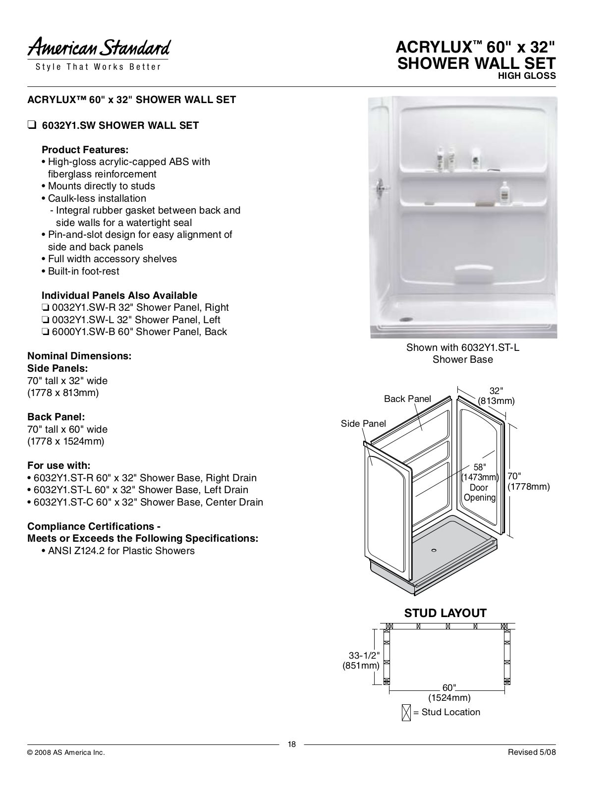 American Standard Acrylux 6032Y1.SW User Manual