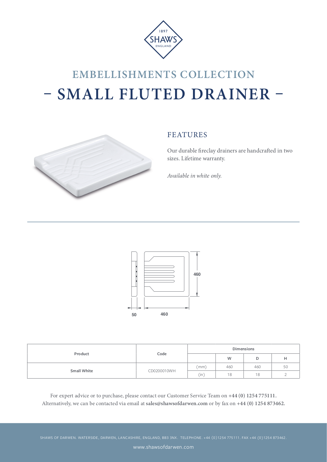 Shaws CD0200010WH Specifications Sheet