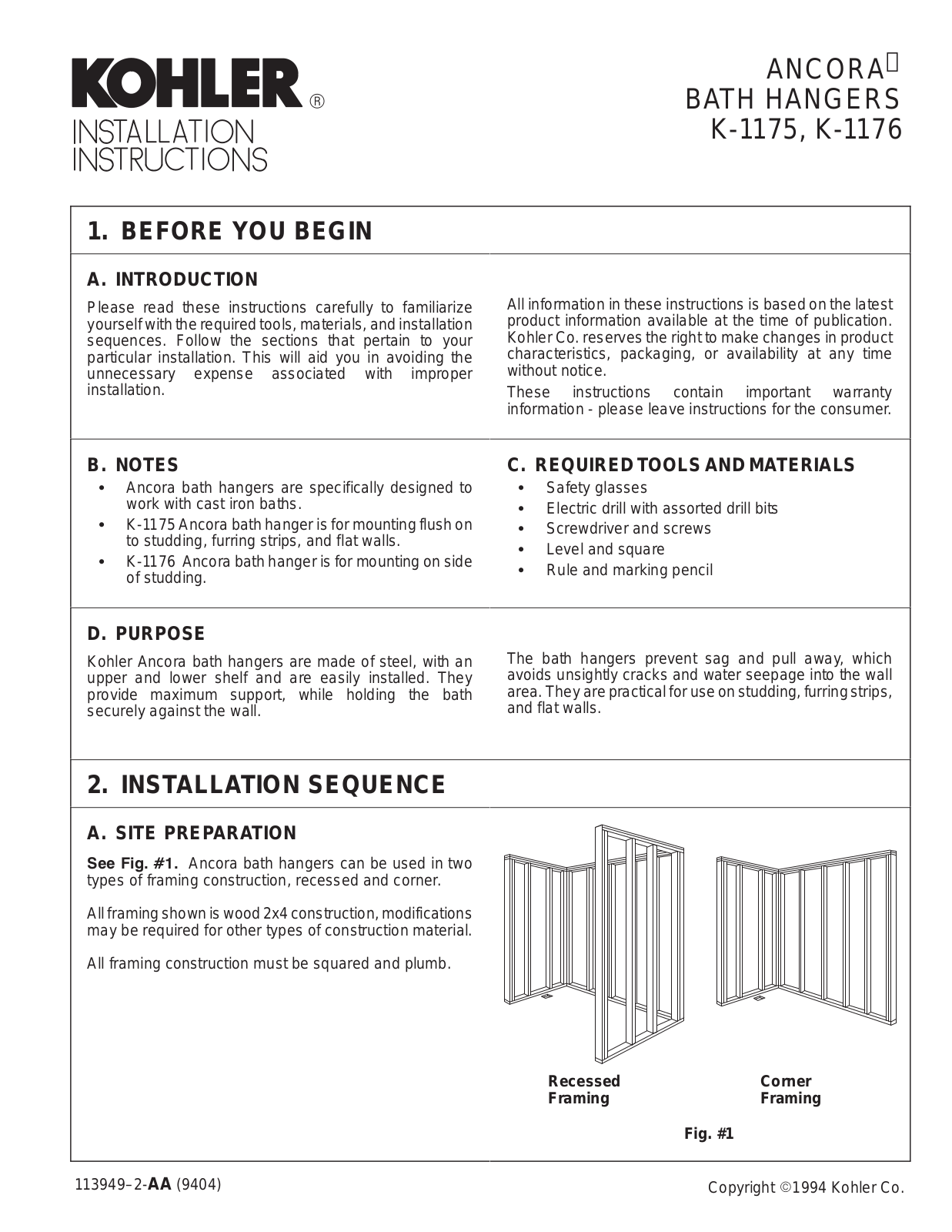 KOHLER K-1175, K-1176 User Manual