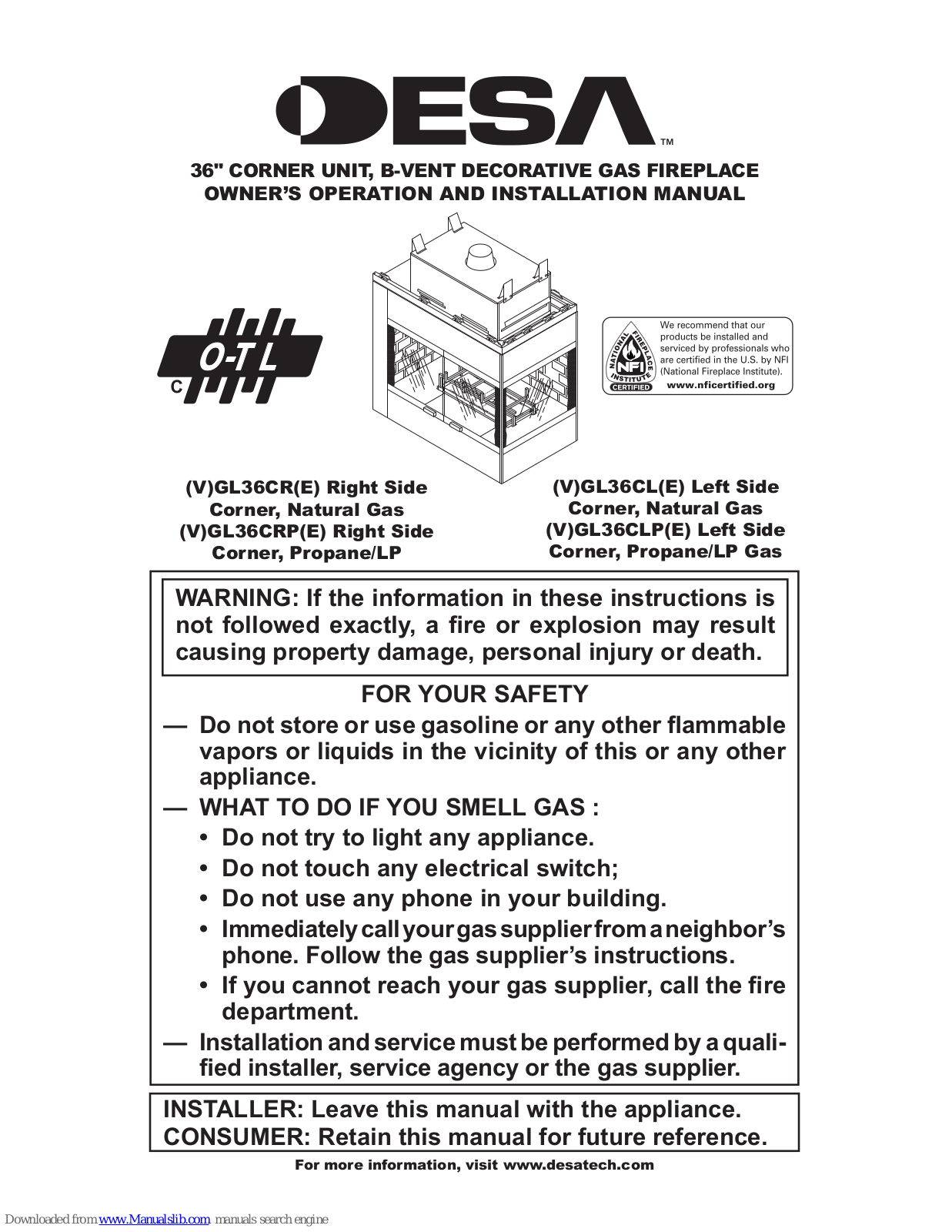 Desa VGL36CR, GL36CRE, VGL36CRE, VGL36CRPE, VGL36CRP Owner's Operation And Installation Manual